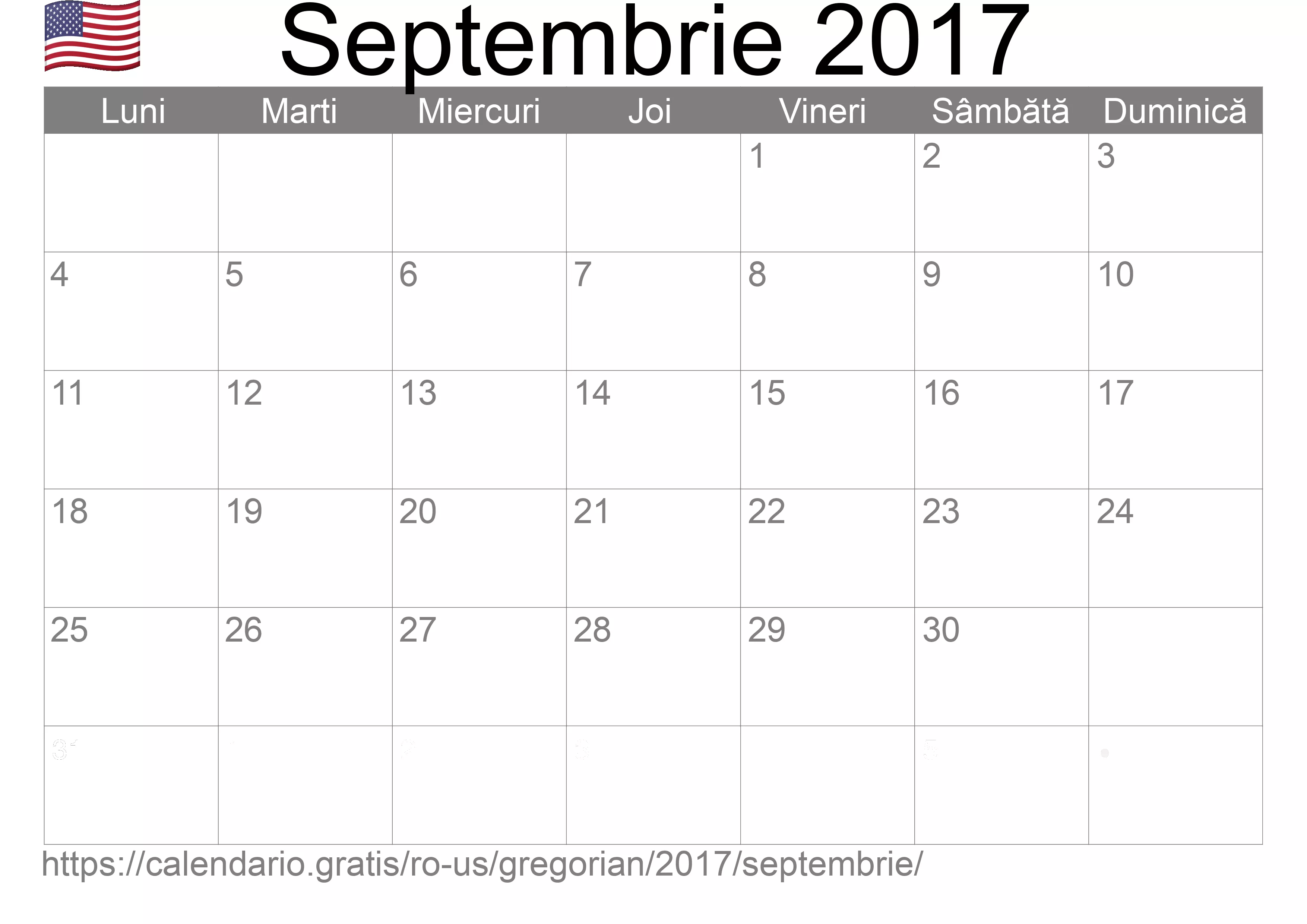 Calendar Septembrie 2017 pentru imprimare (Statele Unite ale Americii)