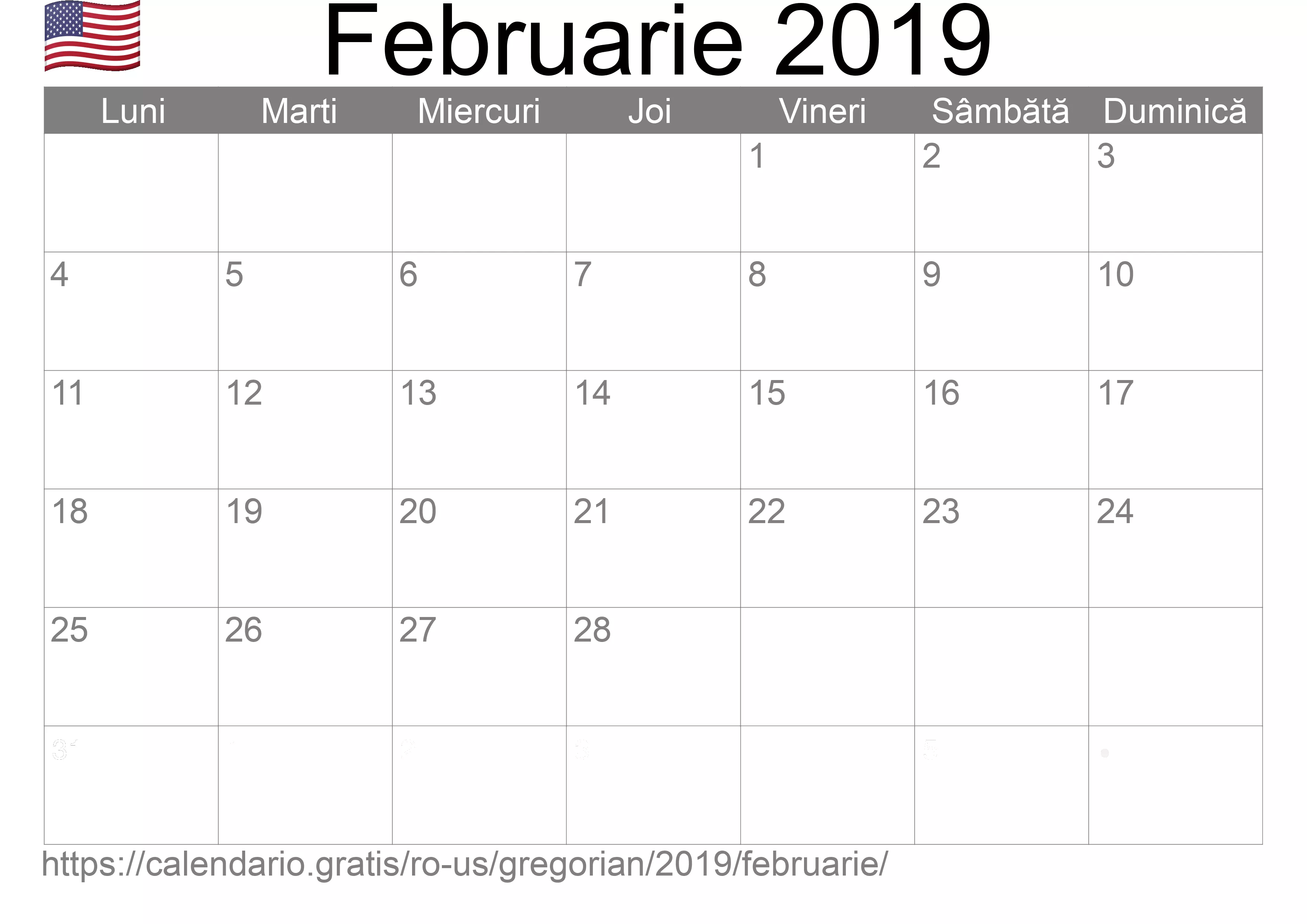 Calendar Februarie 2019 pentru imprimare (Statele Unite ale Americii) Calendar Februarie 2019 pentru imprimare (Statele Unite ale Americii)