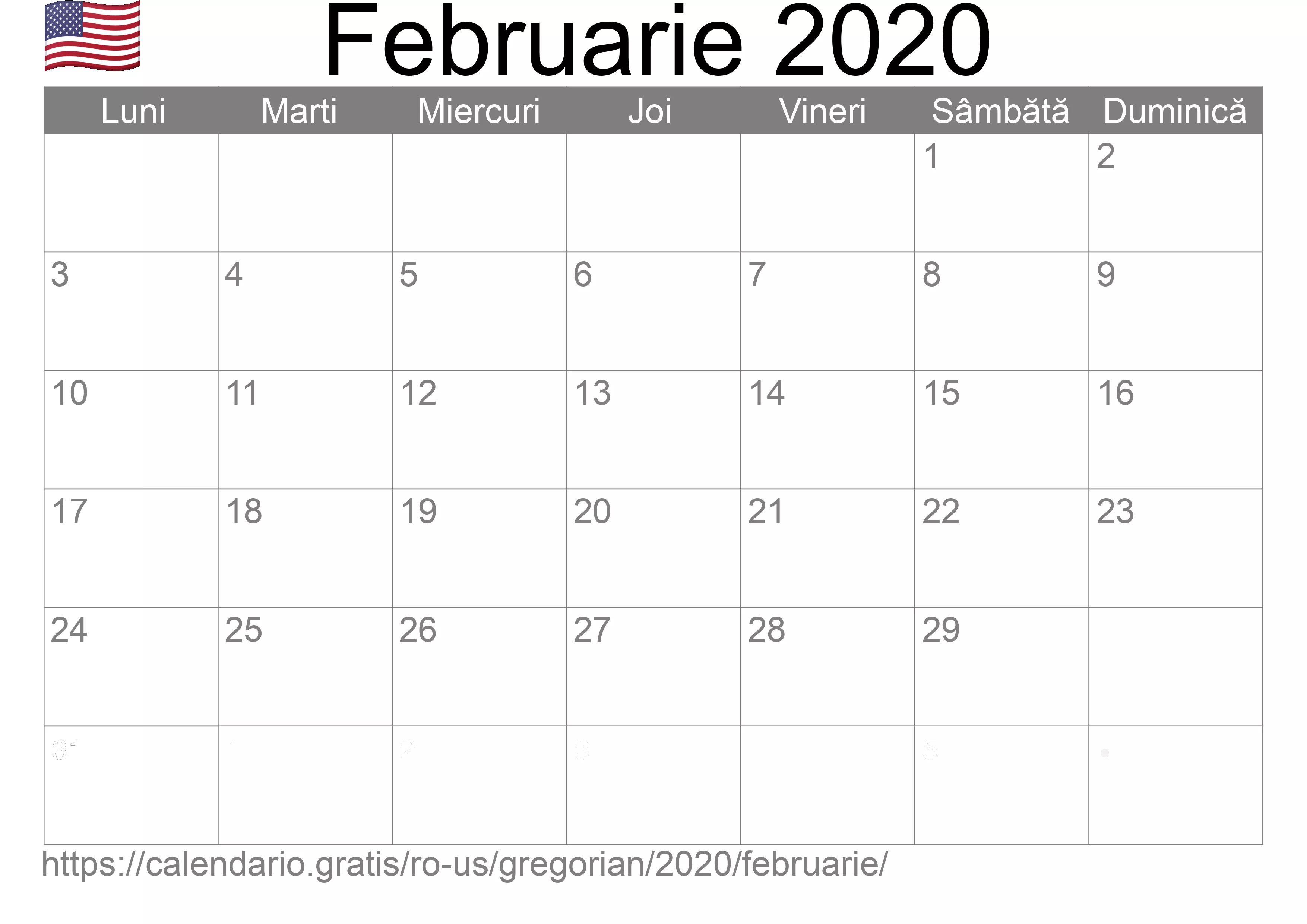 Calendar Februarie 2020 pentru imprimare (Statele Unite ale Americii) Calendar Februarie 2020 pentru imprimare (Statele Unite ale Americii)