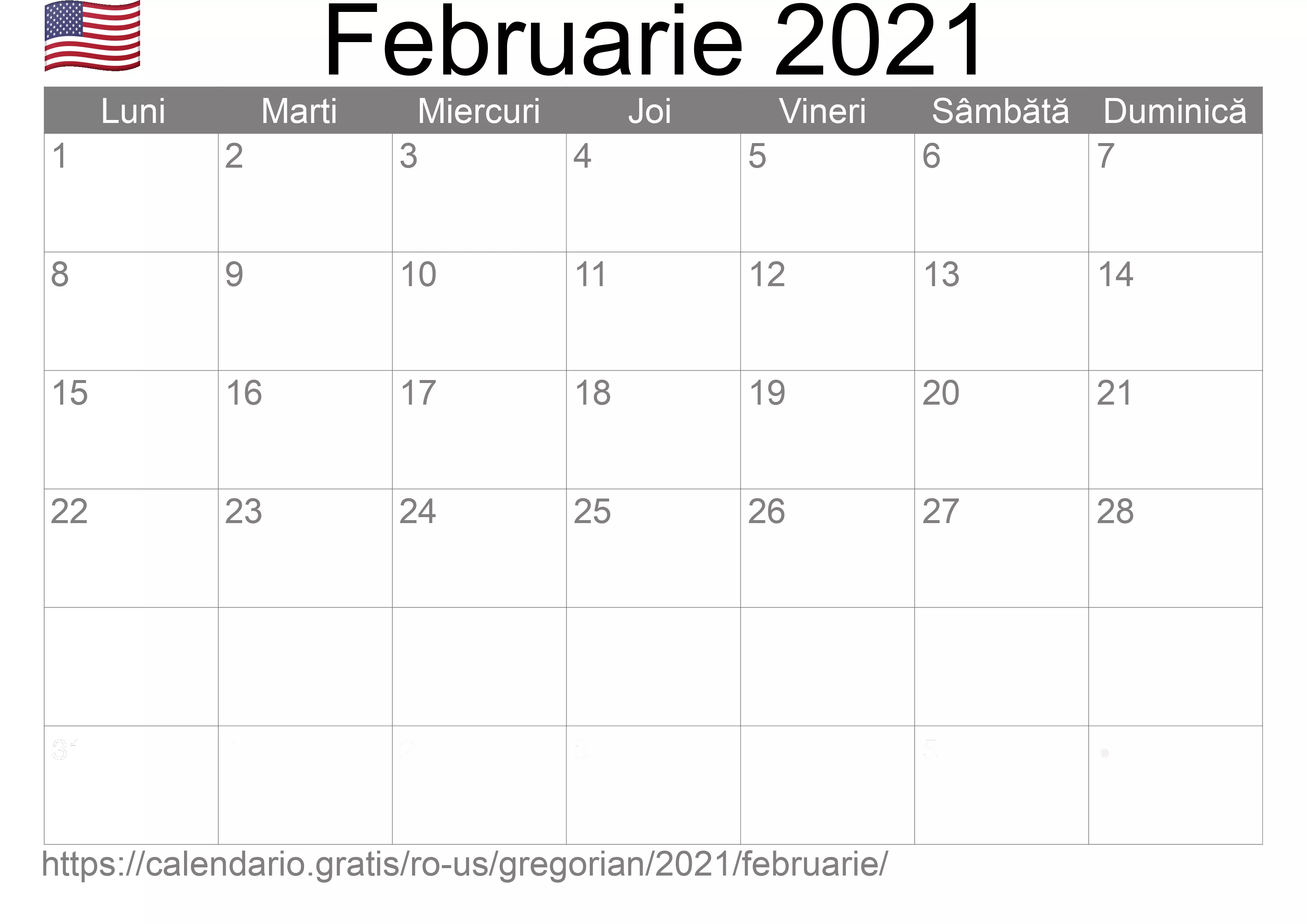 Calendar Februarie 2021 pentru imprimare (Statele Unite ale Americii)