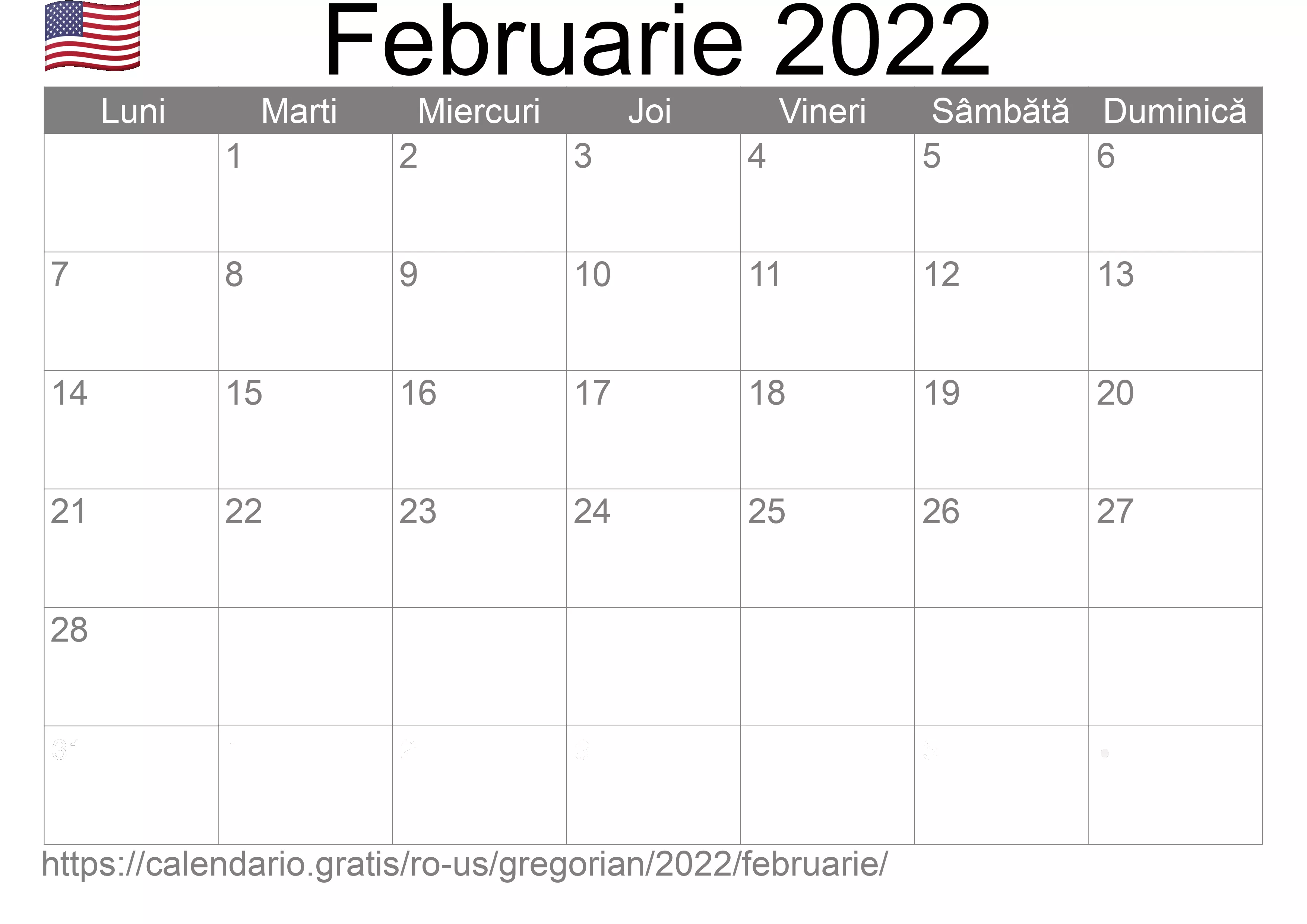 Calendar Februarie 2022 pentru imprimare (Statele Unite ale Americii) Calendar Februarie 2022 pentru imprimare (Statele Unite ale Americii)