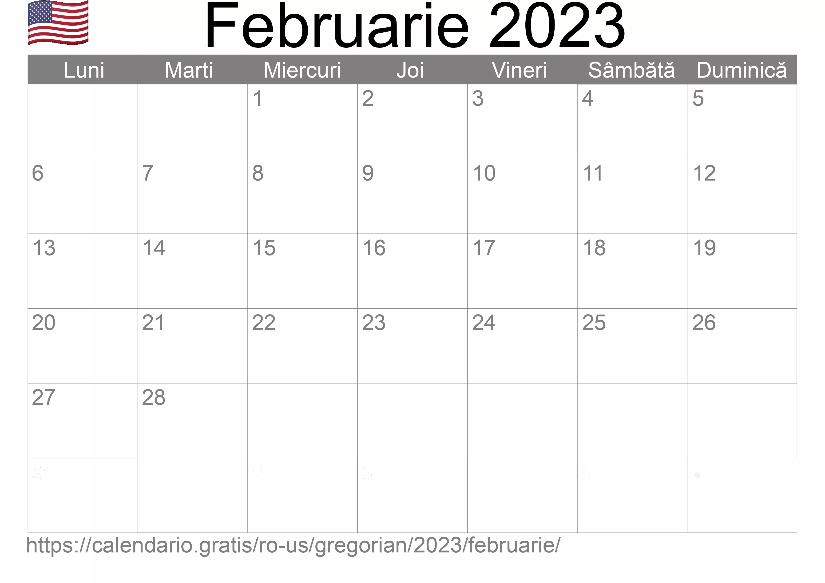 Calendar Februarie 2023 pentru imprimare (Statele Unite ale Americii) Calendar Februarie 2023 pentru imprimare (Statele Unite ale Americii)