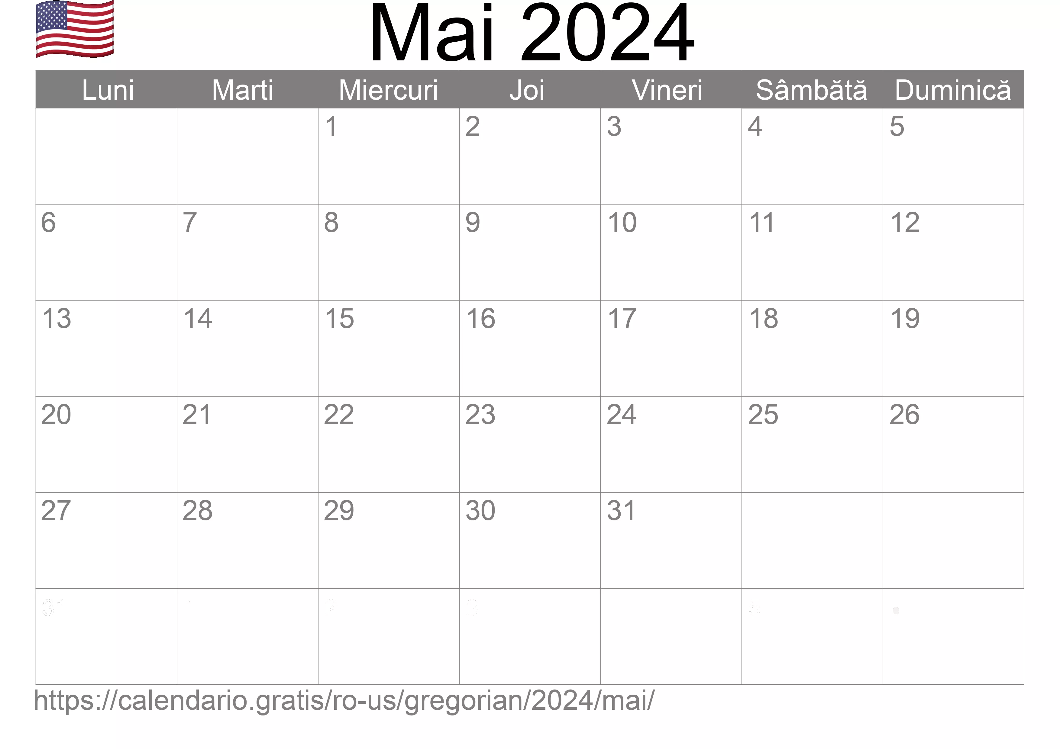 Calendar Mai 2024 pentru imprimare (Statele Unite ale Americii)