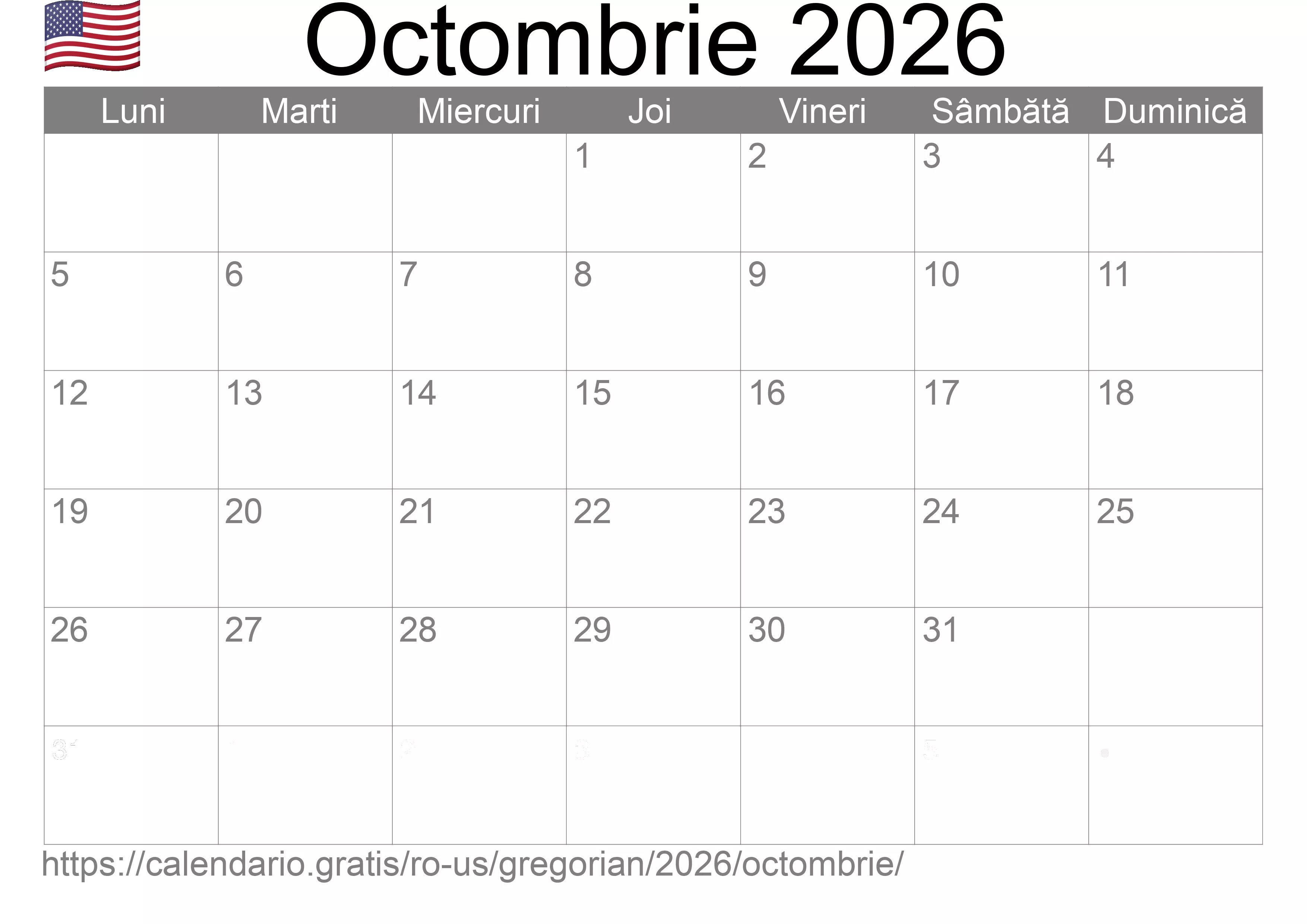 Calendar Octombrie 2026 pentru imprimare (Statele Unite ale Americii) Calendar Octombrie 2026 pentru imprimare (Statele Unite ale Americii)