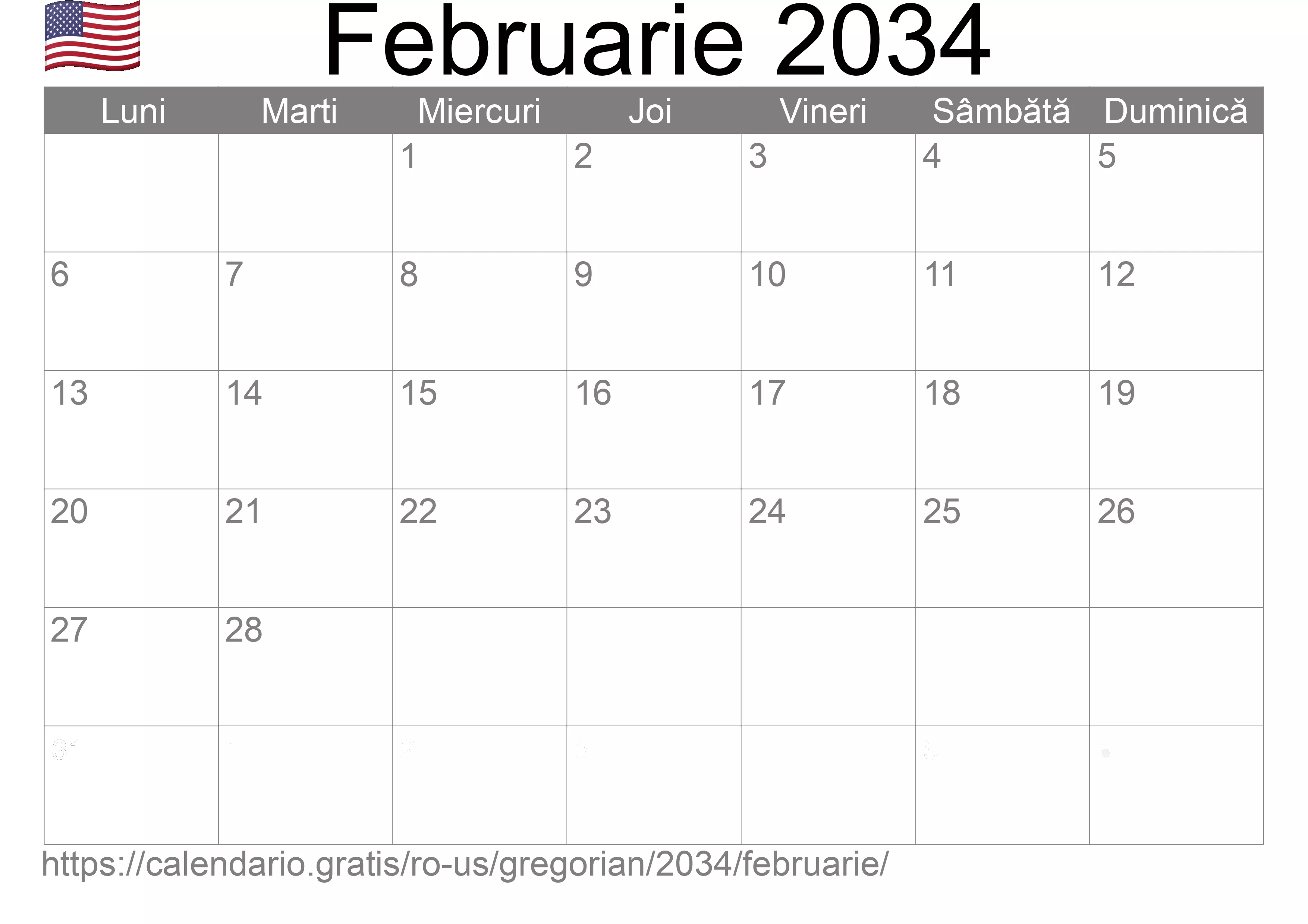 Calendar Februarie 2034 pentru imprimare (Statele Unite ale Americii) Calendar Februarie 2034 pentru imprimare (Statele Unite ale Americii)