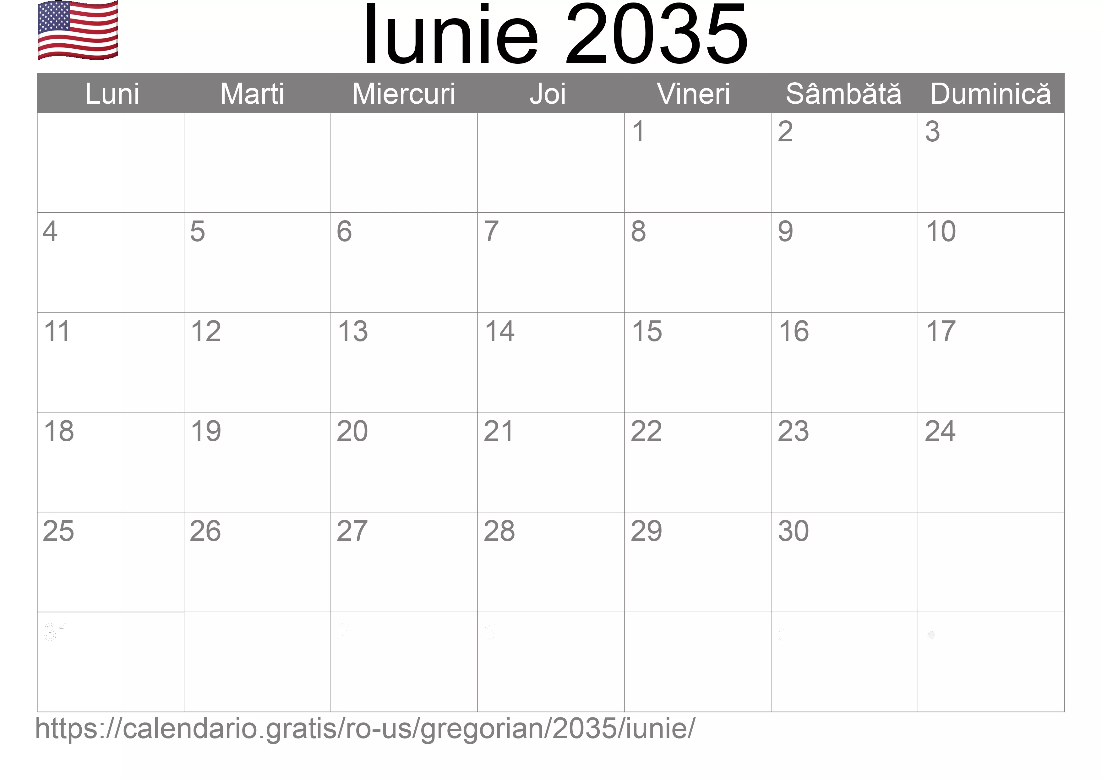 Calendar Iunie 2035 pentru imprimare (Statele Unite ale Americii)