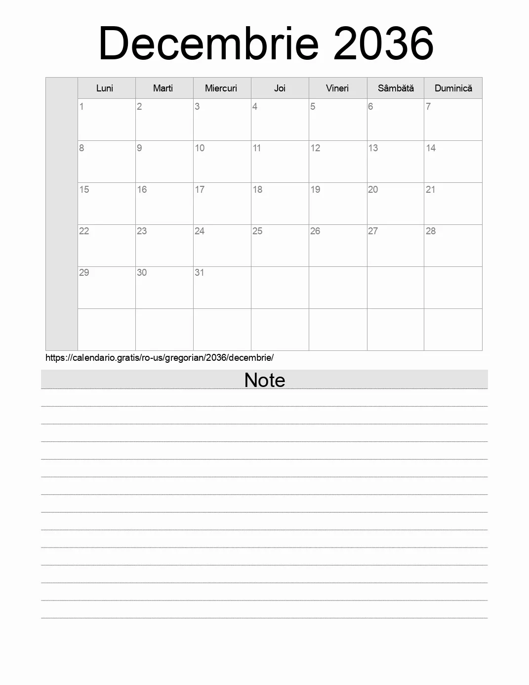 Calendar pentru Decembrie 2036 de imprimat cu note. (Statele Unite ale Americii)