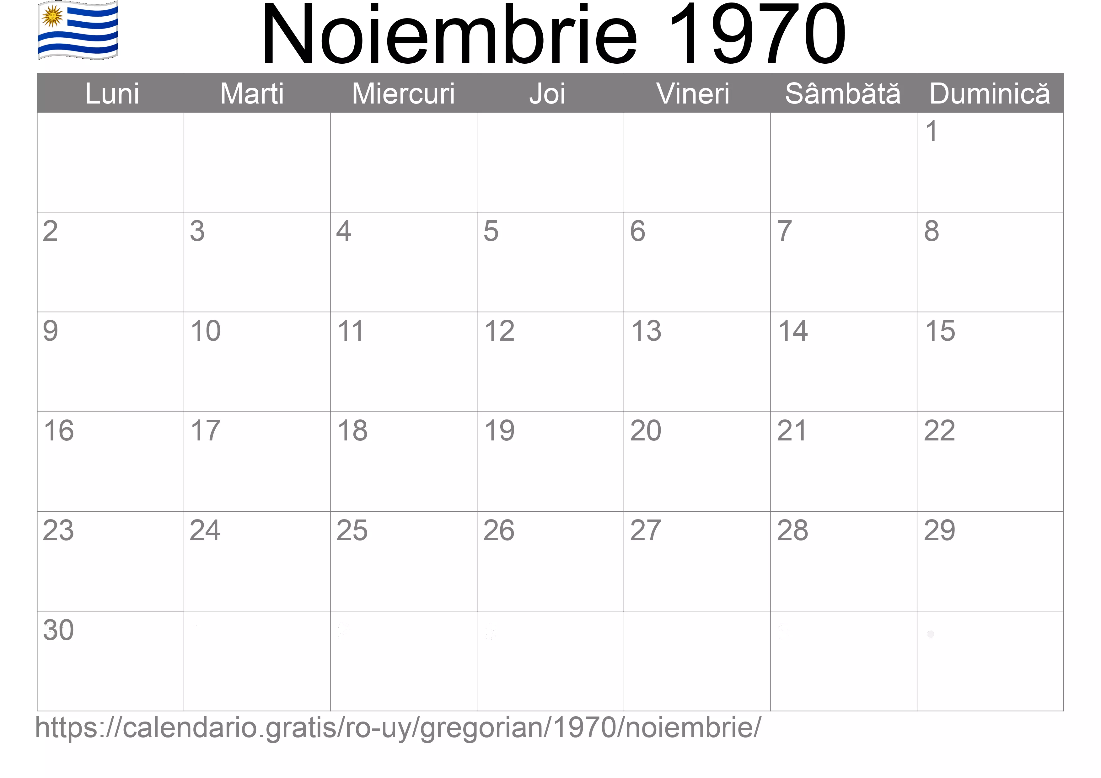 Calendar Noiembrie 1970 pentru imprimare (Uruguay)