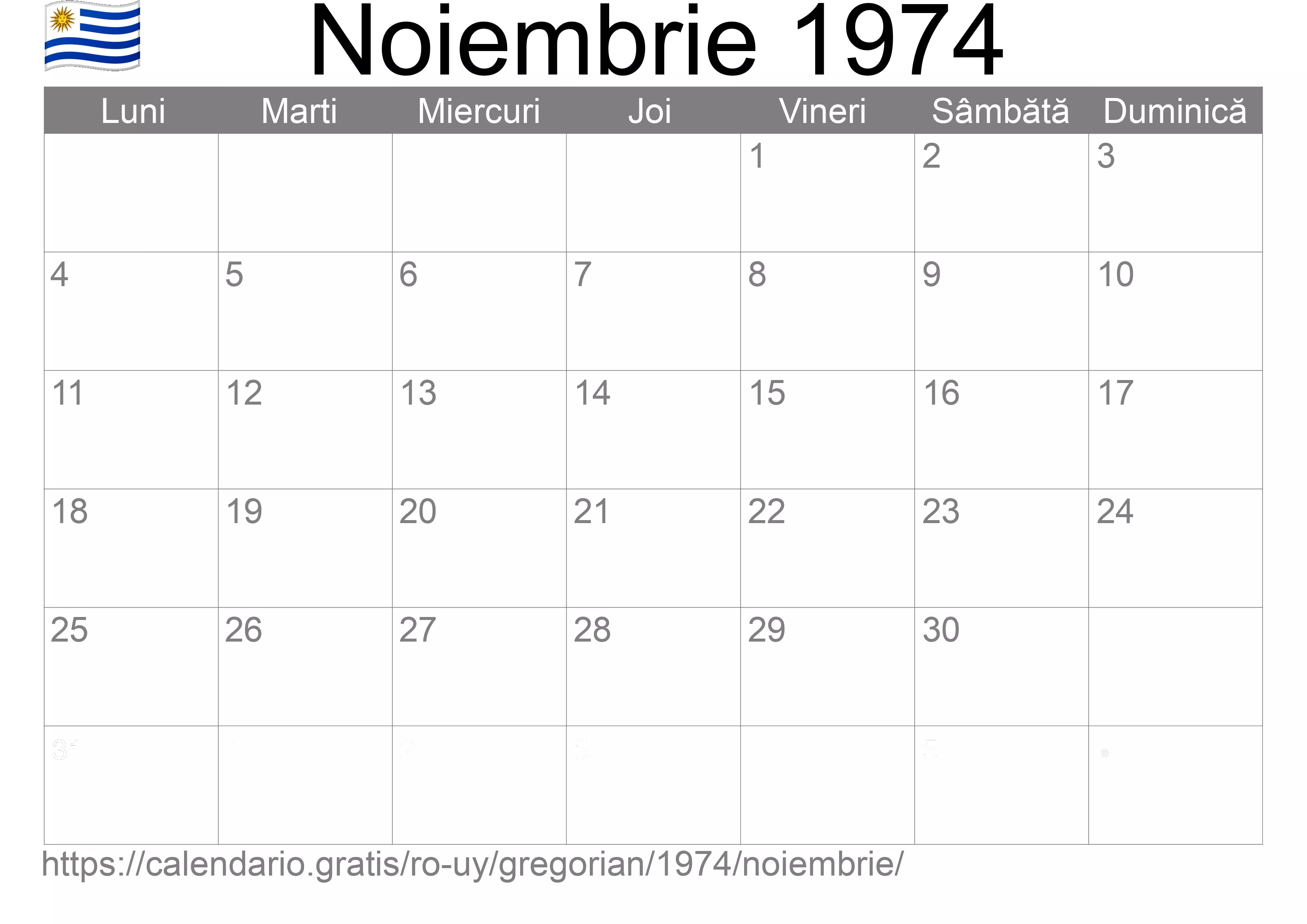 Calendar Noiembrie 1974 pentru imprimare (Uruguay)