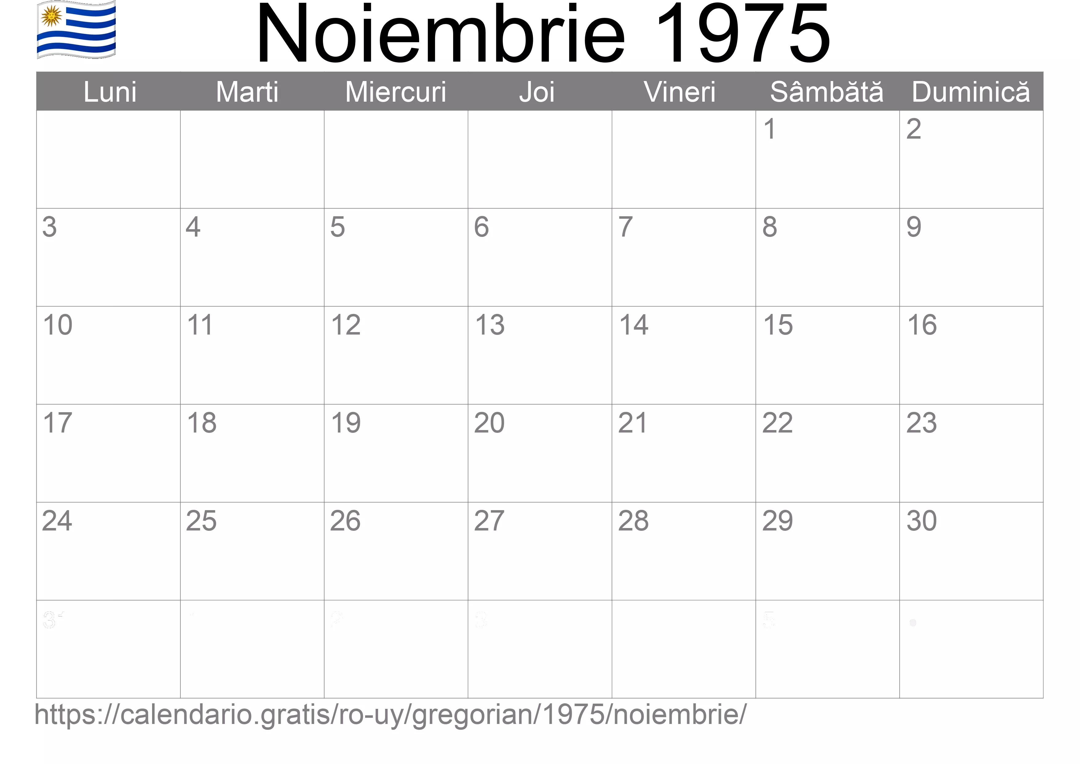 Calendar Noiembrie 1975 pentru imprimare (Uruguay)