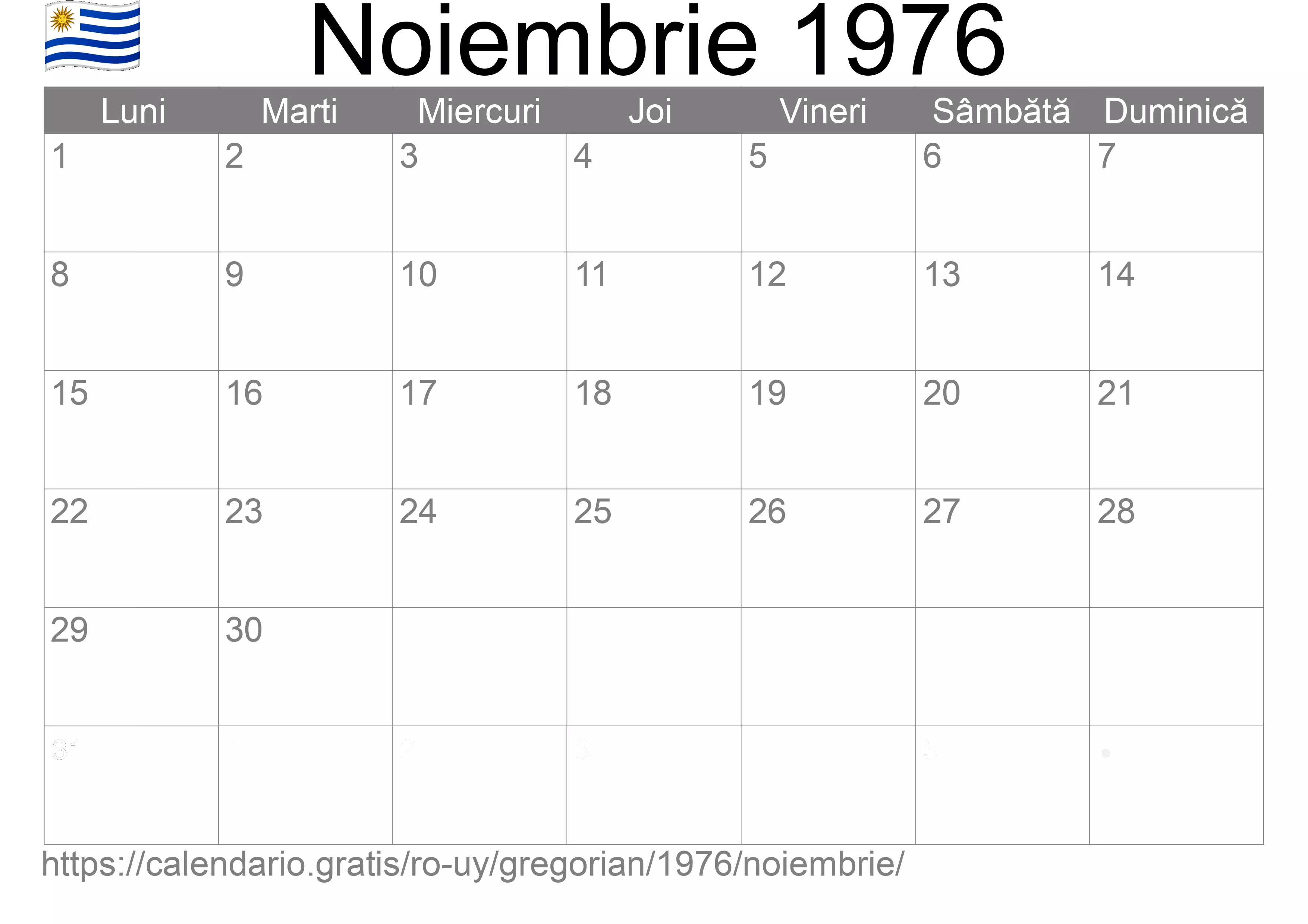 Calendar Noiembrie 1976 pentru imprimare (Uruguay) Calendar Noiembrie 1976 pentru imprimare (Uruguay)