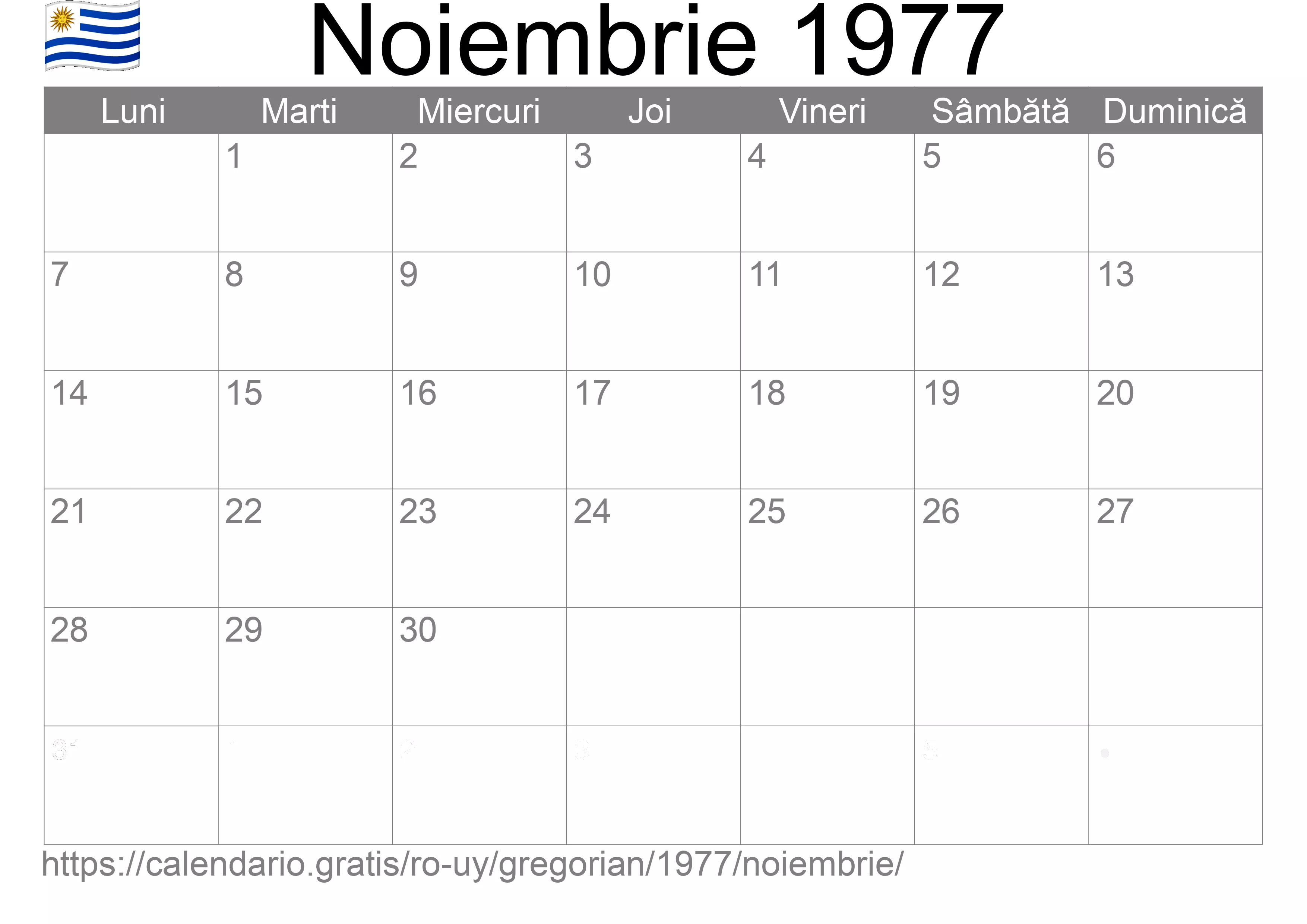 Calendar Noiembrie 1977 pentru imprimare (Uruguay)