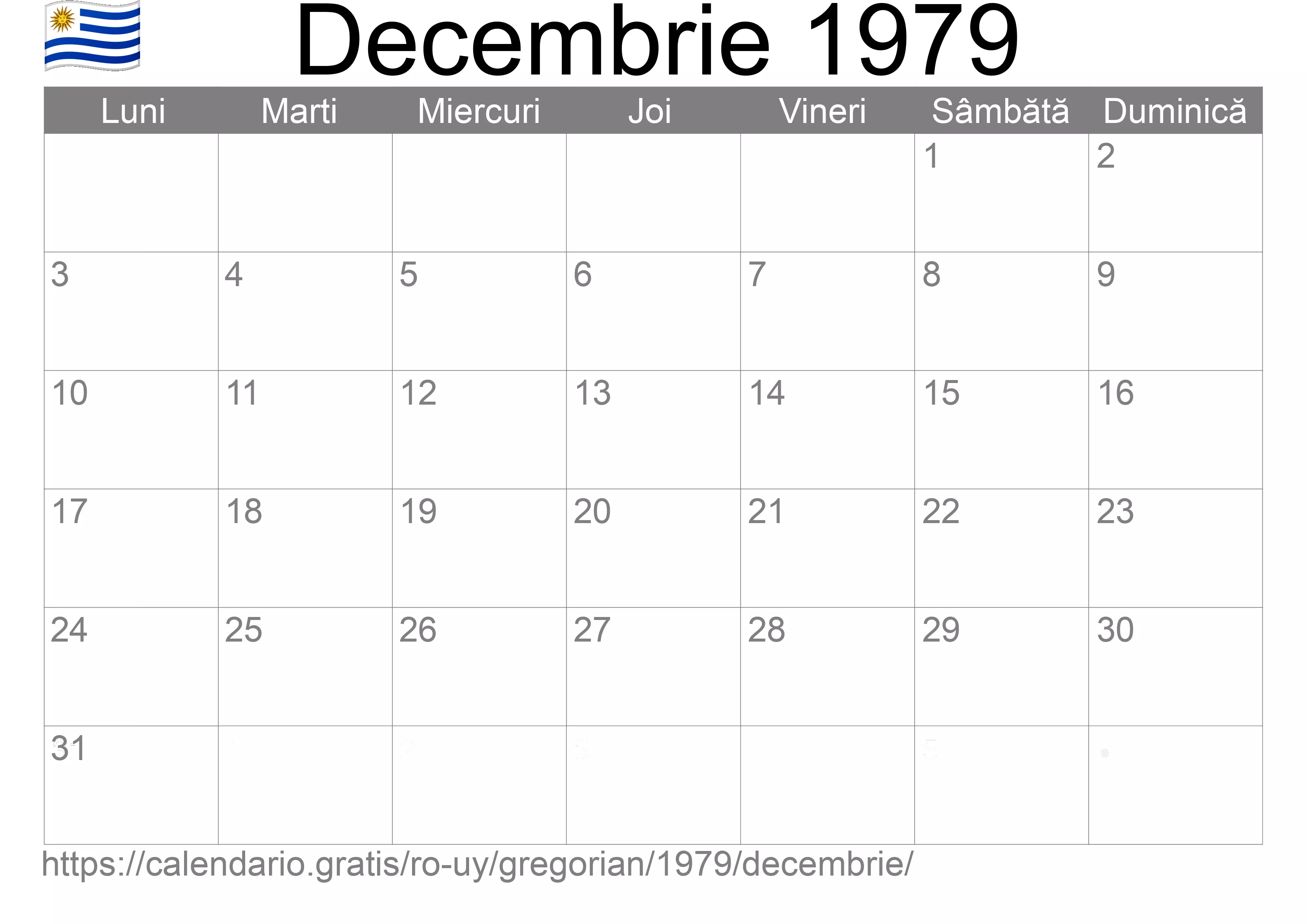 Calendar Decembrie 1979 pentru imprimare (Uruguay) Calendar Decembrie 1979 pentru imprimare (Uruguay)
