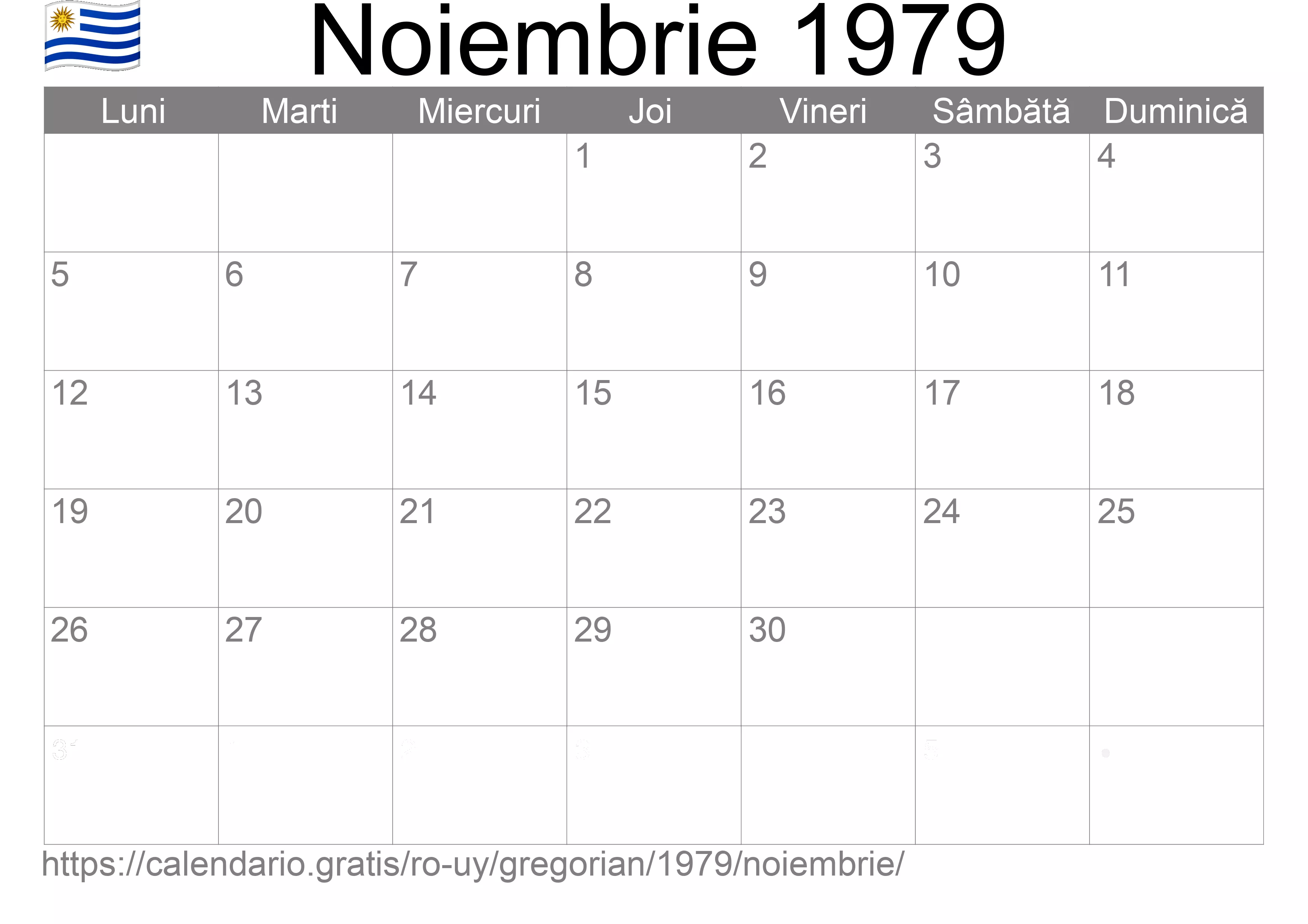 Calendar Noiembrie 1979 pentru imprimare (Uruguay)