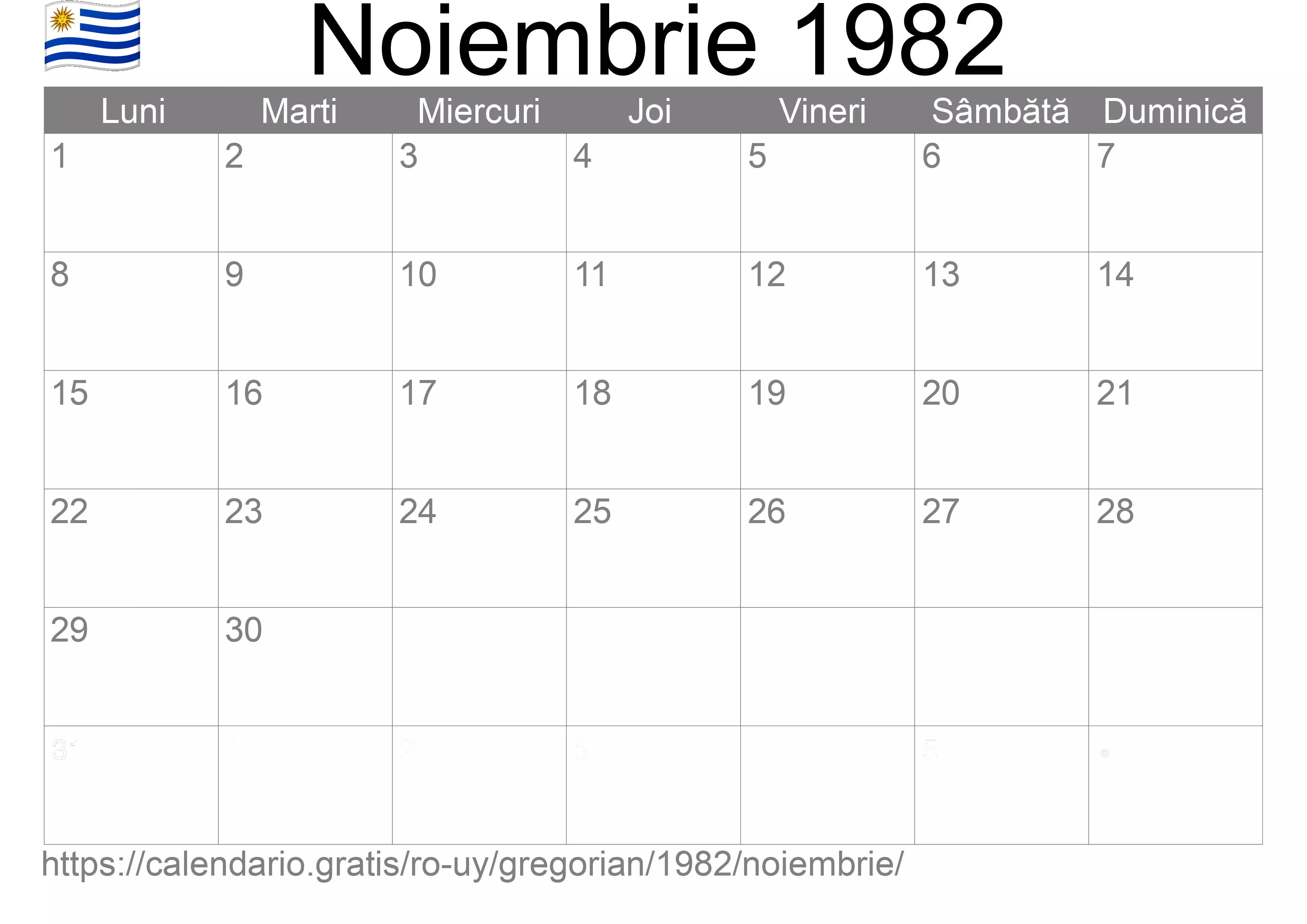 Calendar Noiembrie 1982 pentru imprimare (Uruguay)