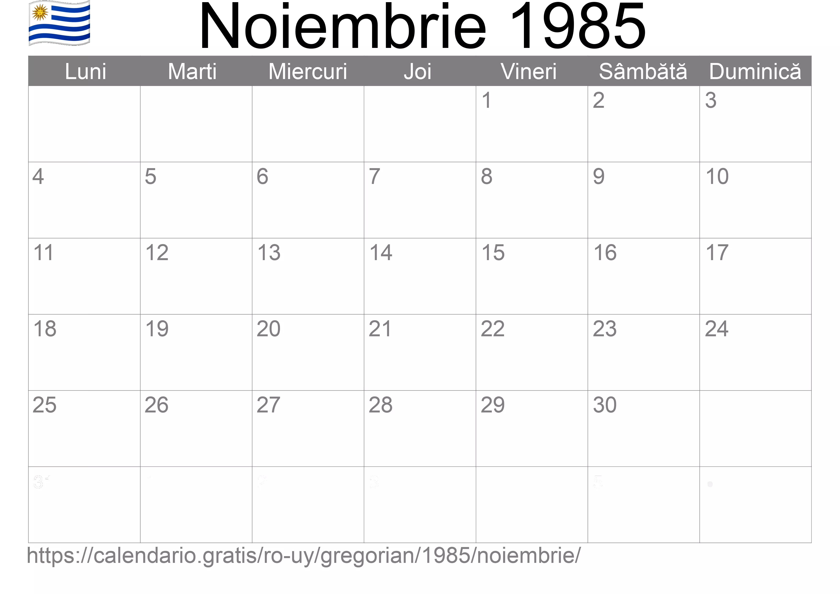 Calendar Noiembrie 1985 pentru imprimare (Uruguay)