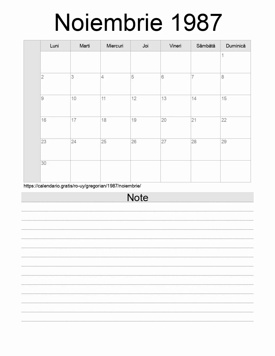 Calendar pentru Noiembrie 1987 de imprimat cu note. (Uruguay)