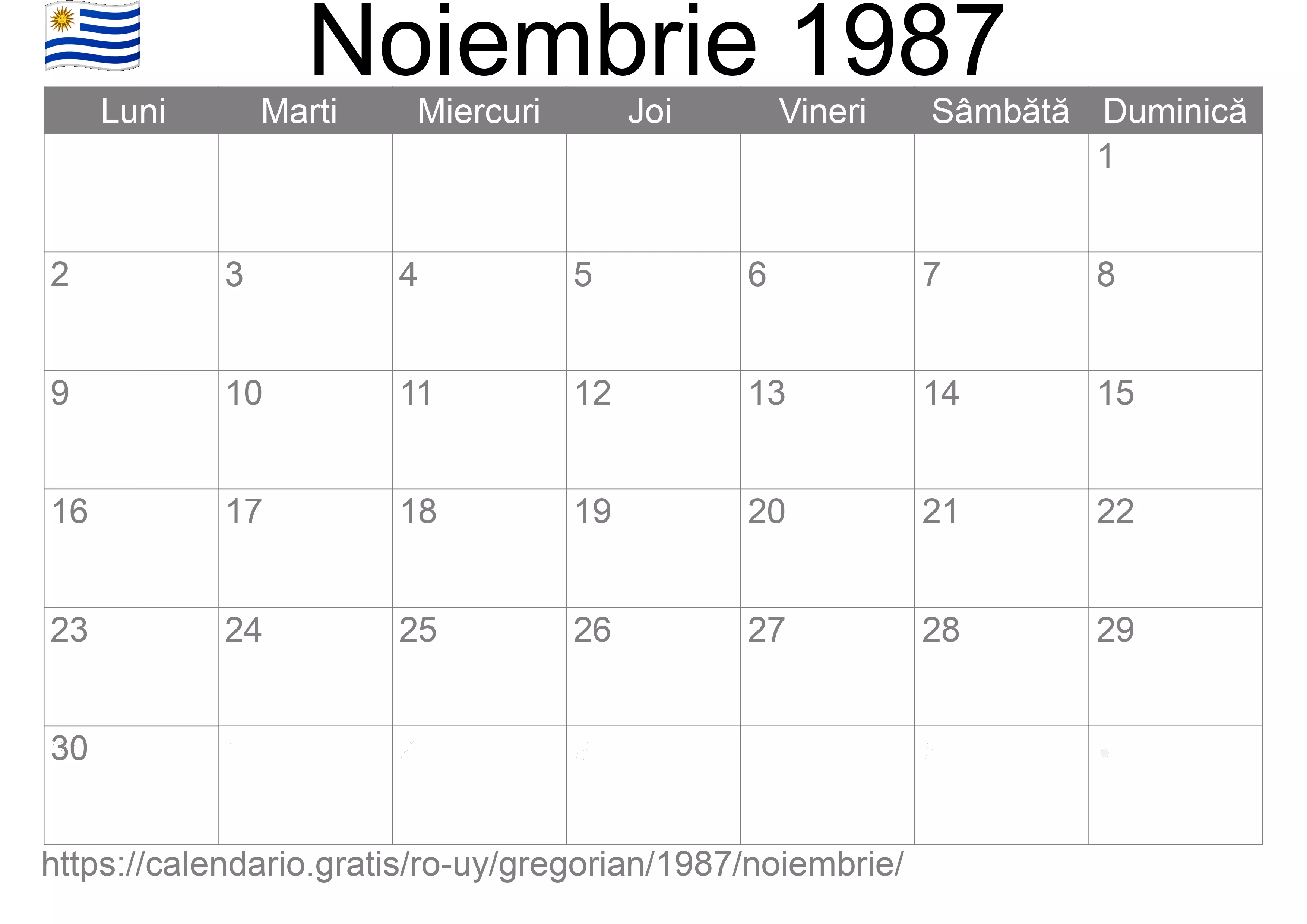 Calendar Noiembrie 1987 pentru imprimare (Uruguay)