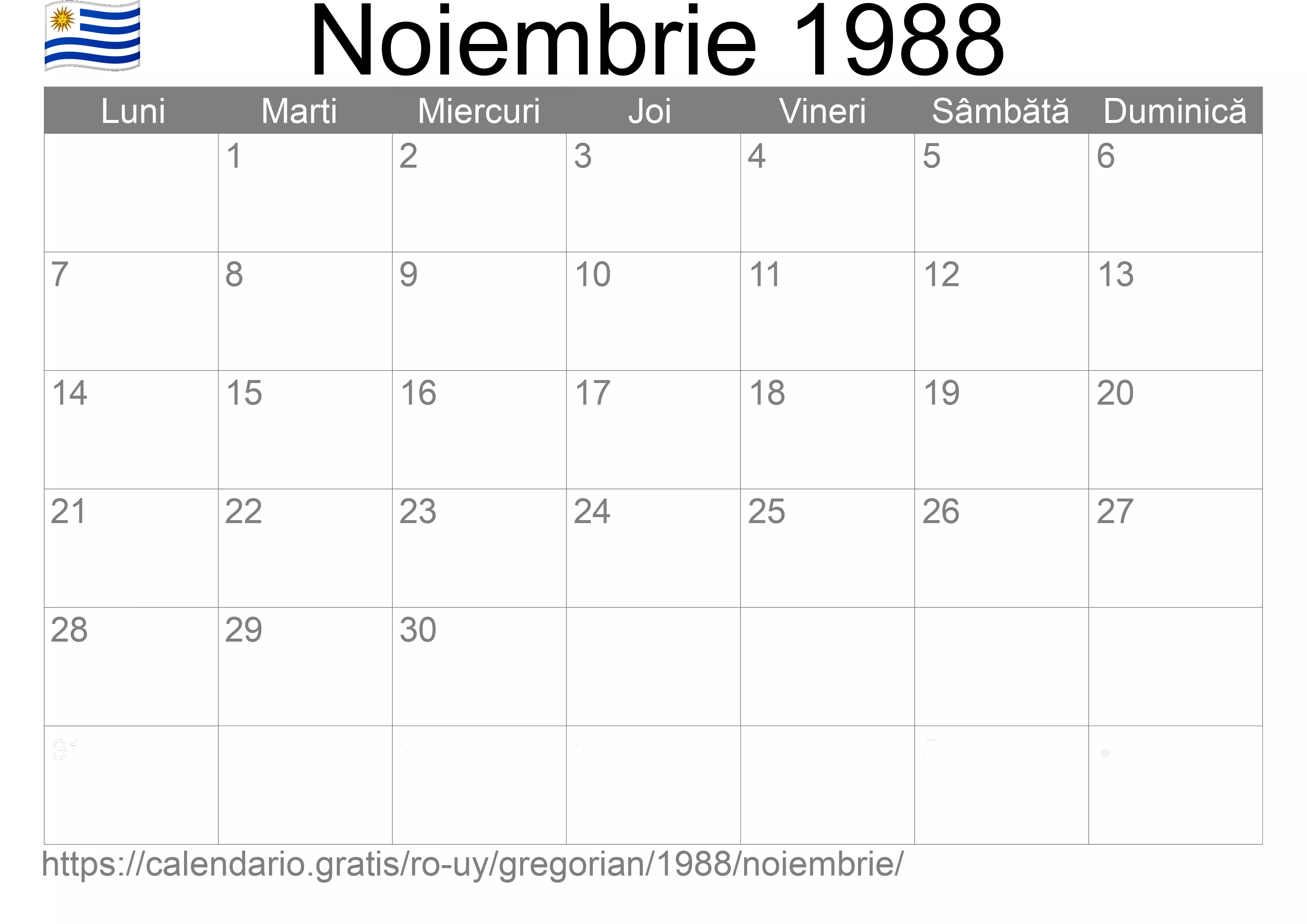 Calendar Noiembrie 1988 pentru imprimare (Uruguay) Calendar Noiembrie 1988 pentru imprimare (Uruguay)