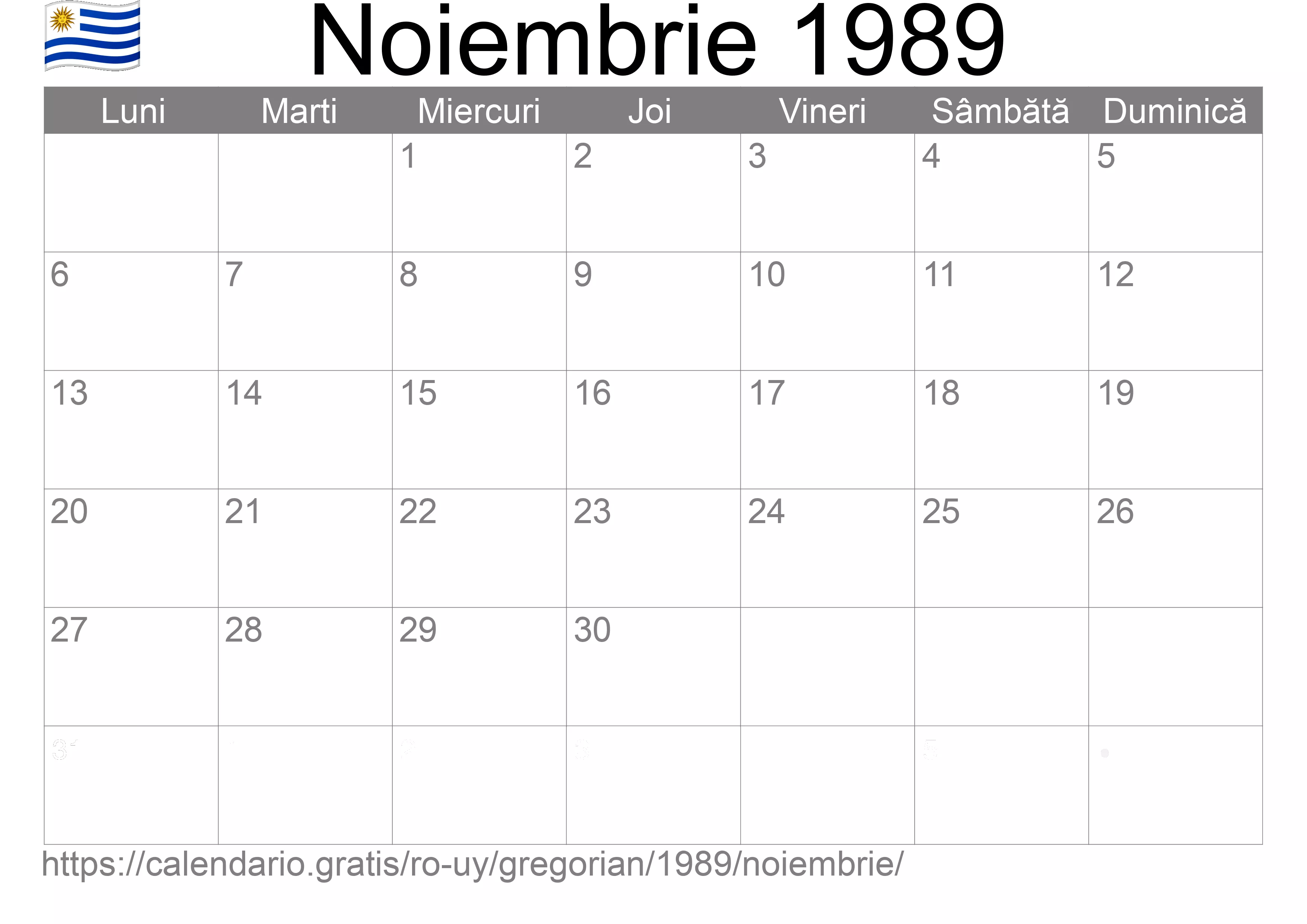 Calendar Noiembrie 1989 pentru imprimare (Uruguay)