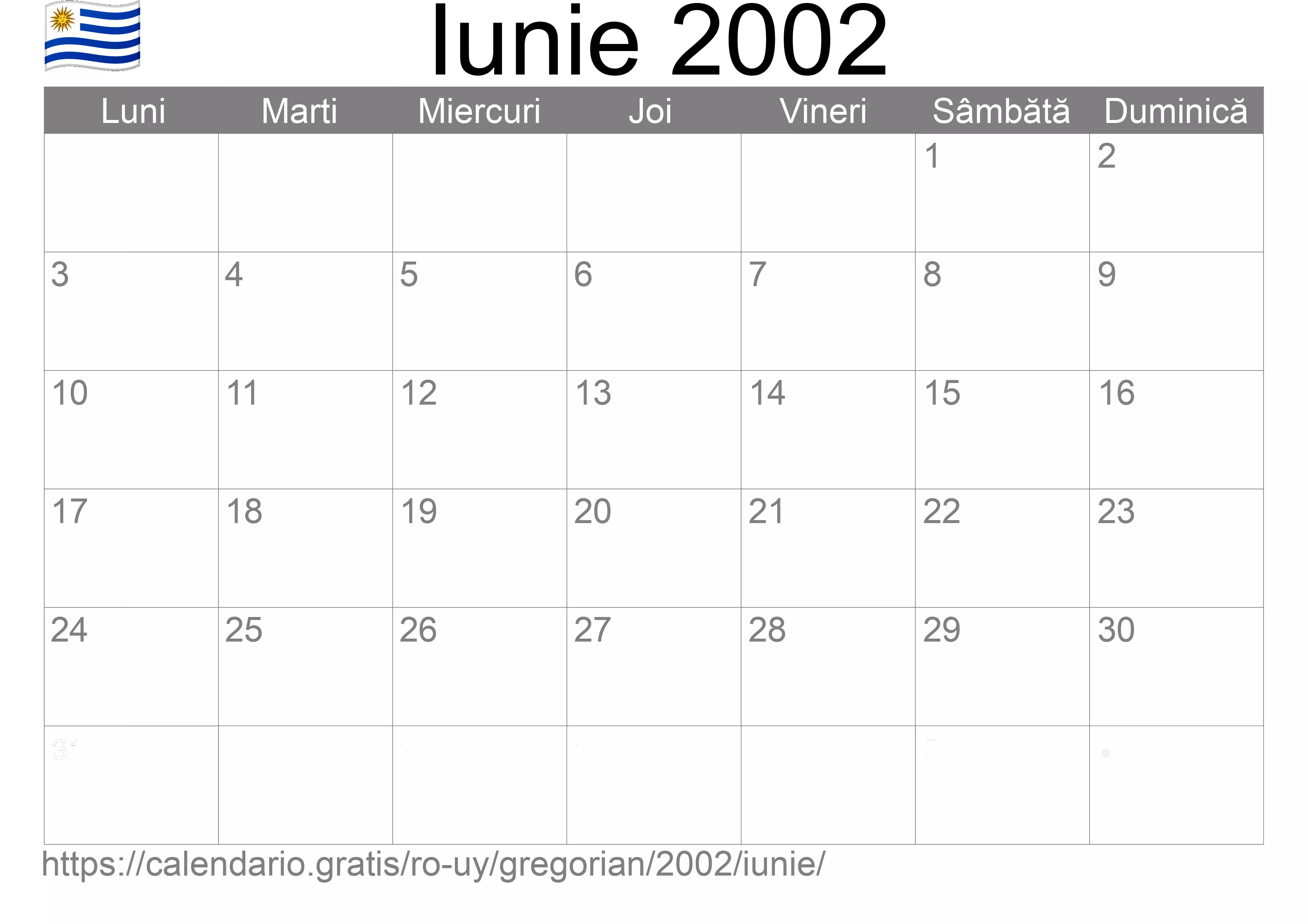 Calendar Iunie 2002 pentru imprimare (Uruguay) Calendar Iunie 2002 pentru imprimare (Uruguay)
