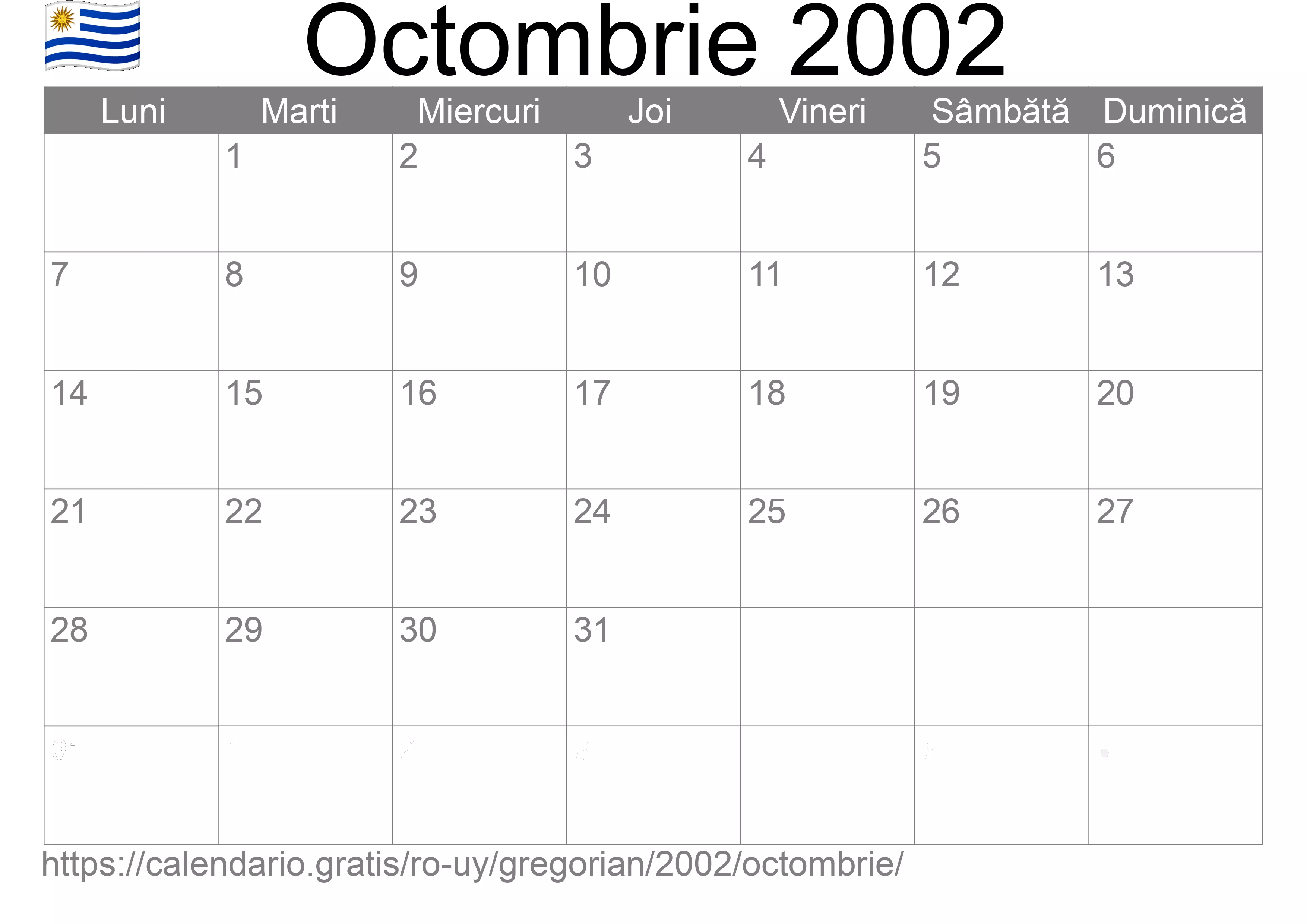 Calendar Octombrie 2002 pentru imprimare (Uruguay)