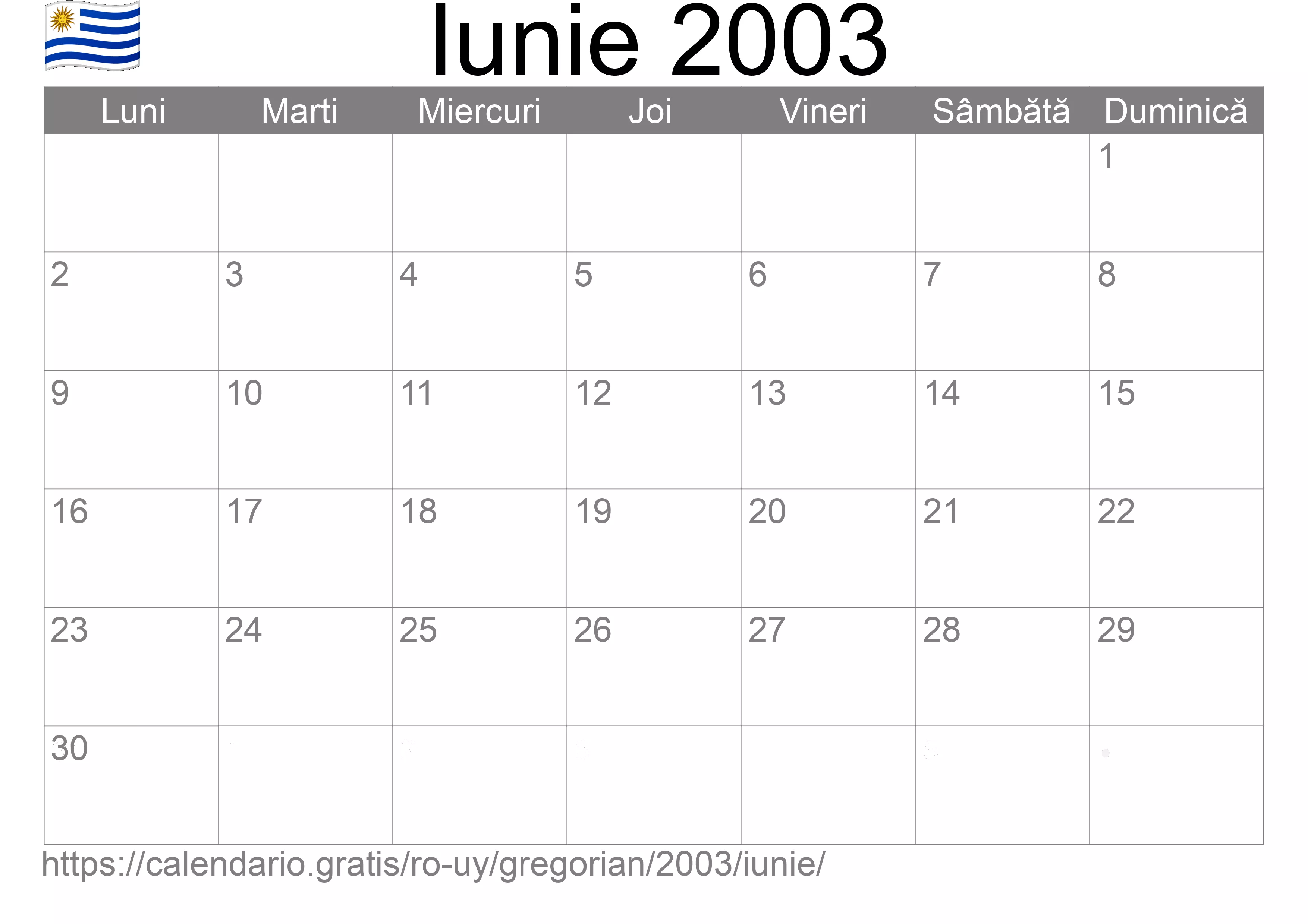 Calendar Iunie 2003 pentru imprimare (Uruguay)