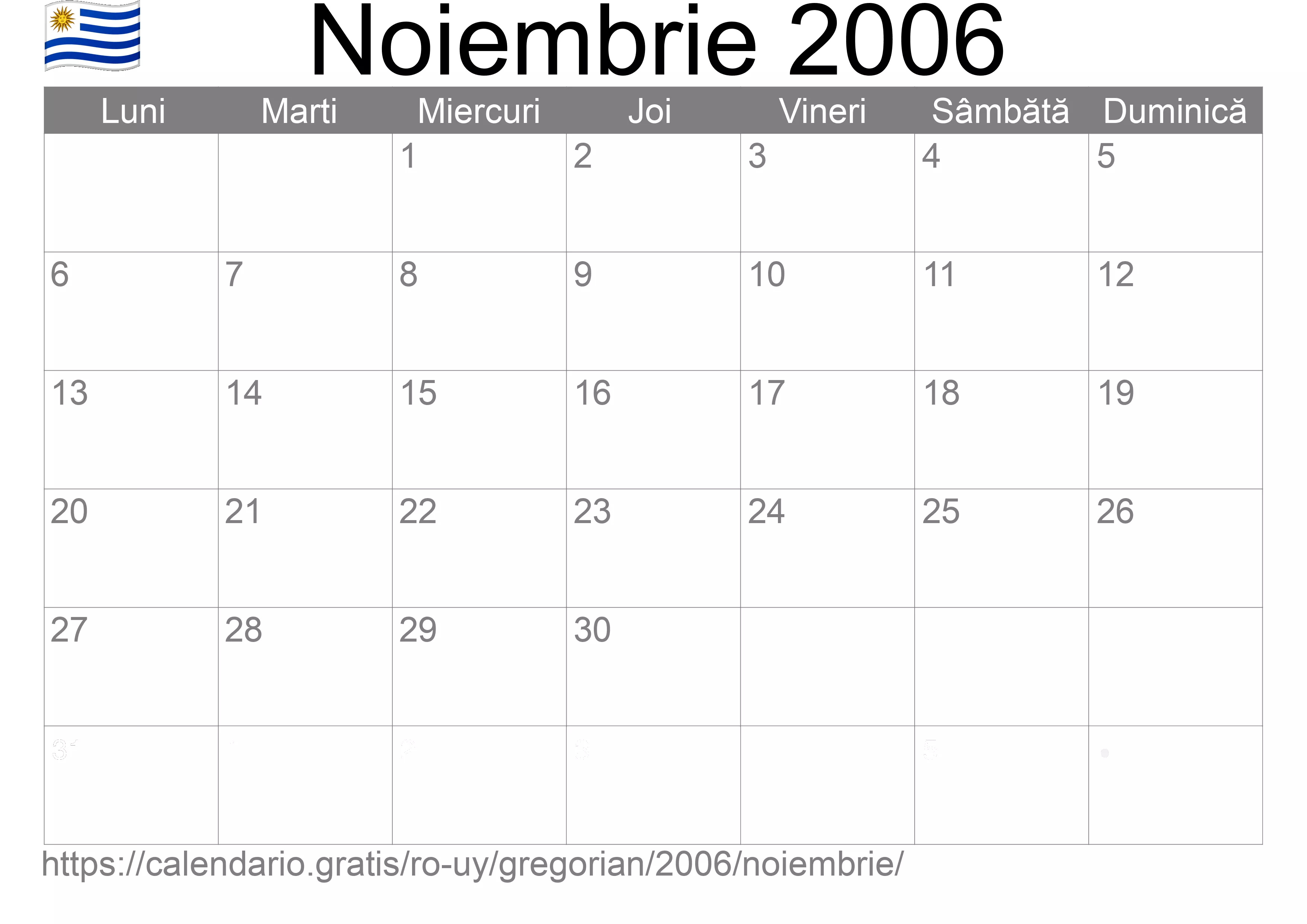 Calendar Noiembrie 2006 pentru imprimare (Uruguay)