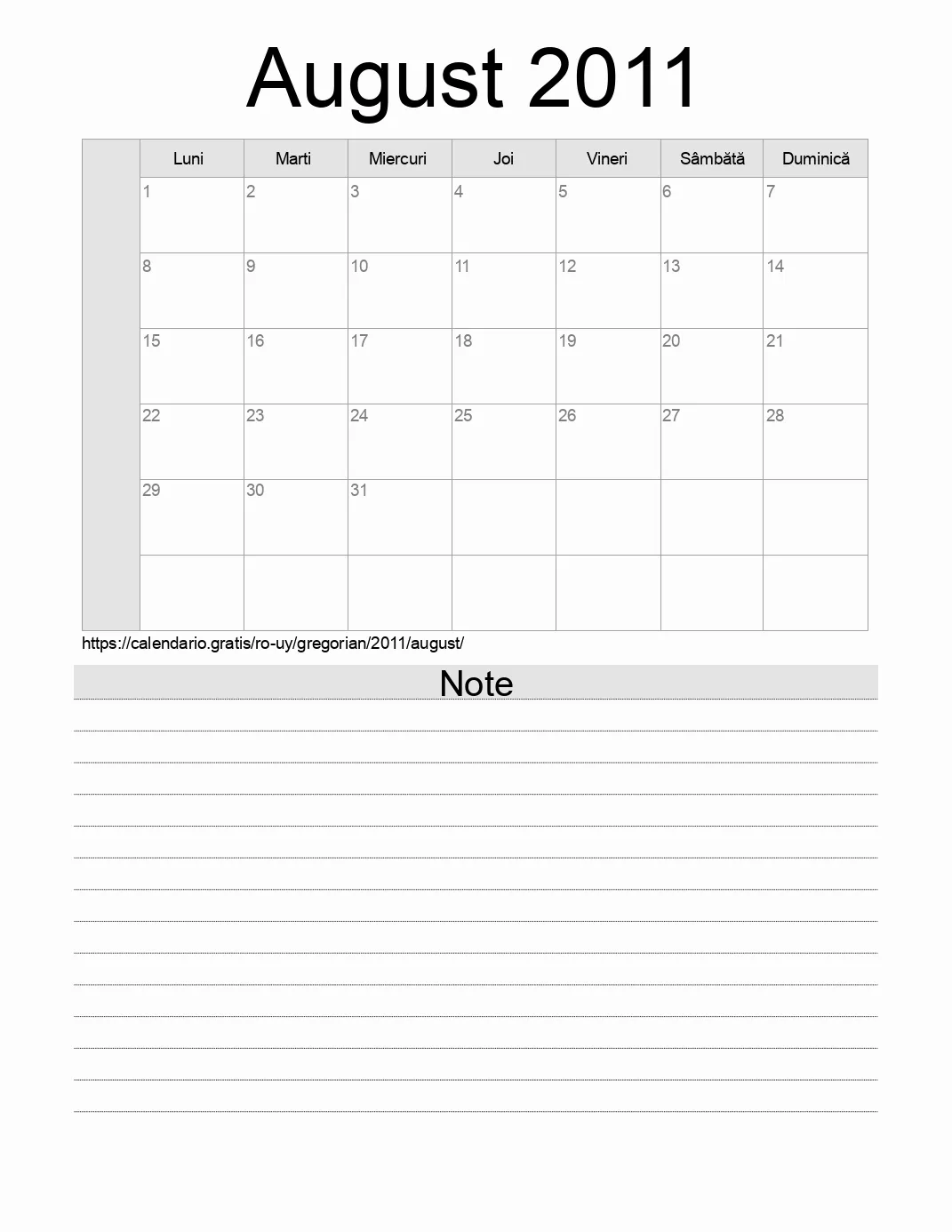 Calendar pentru August 2011 de imprimat cu note. (Uruguay)