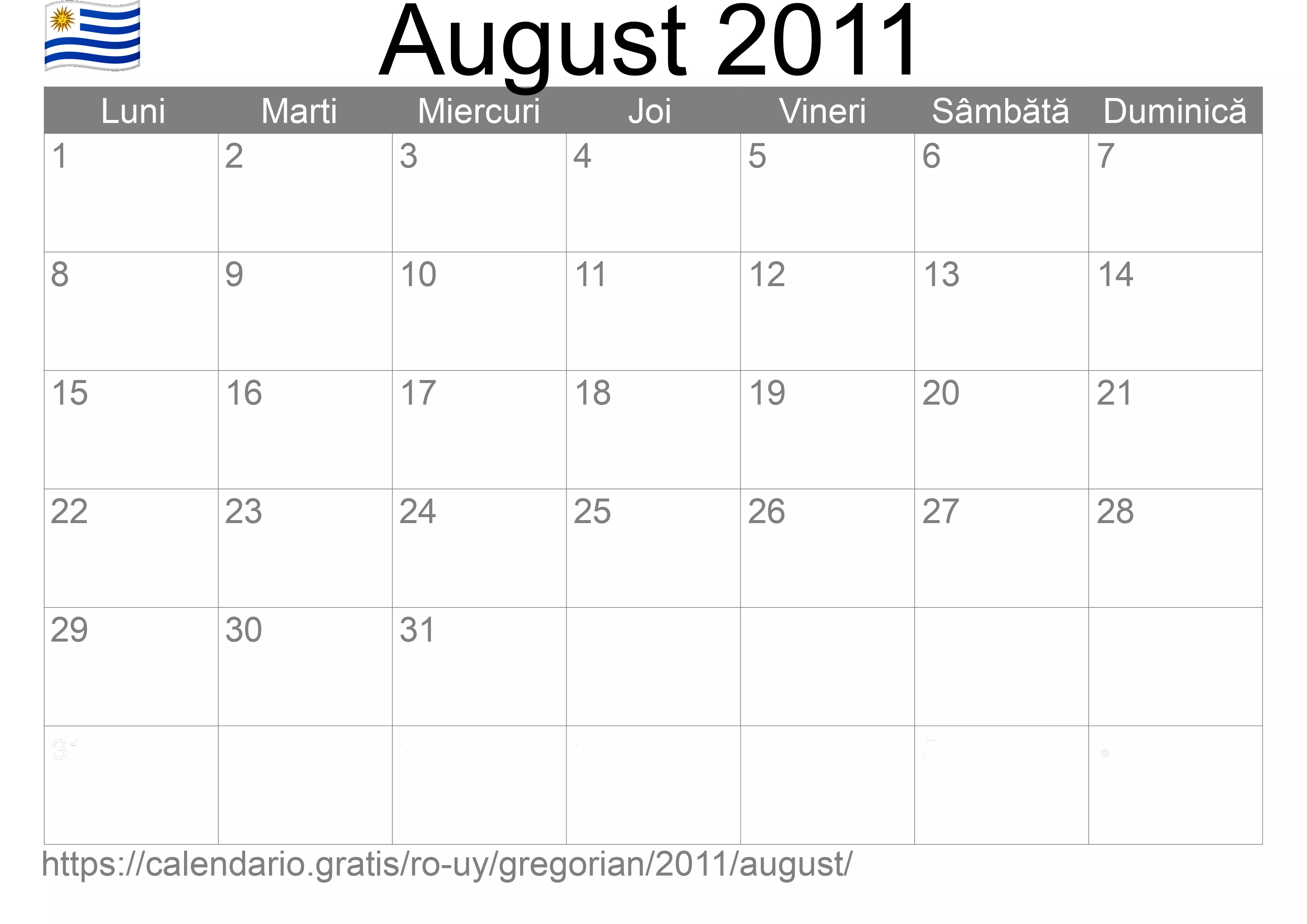 Calendar August 2011 pentru imprimare (Uruguay)