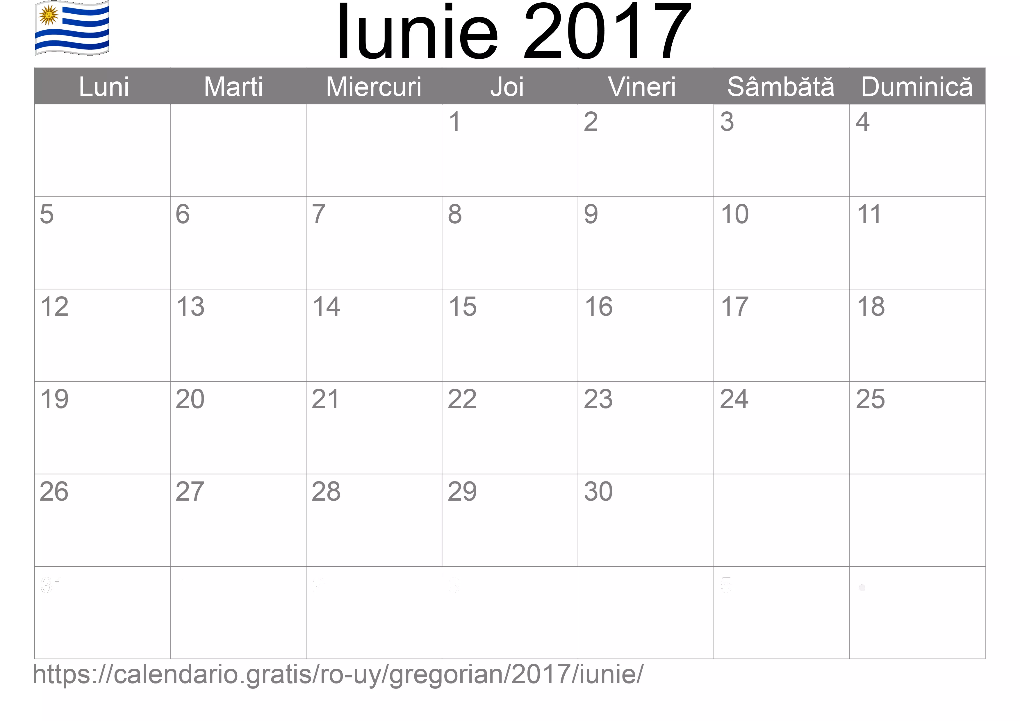 Calendar Iunie 2017 pentru imprimare (Uruguay)