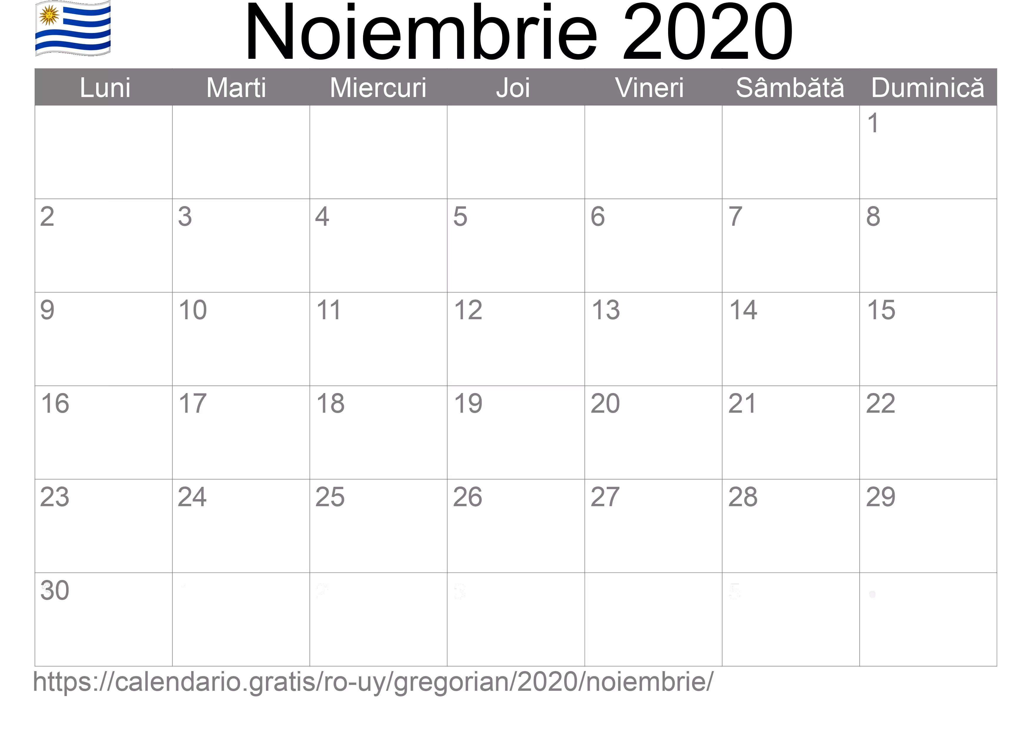 Calendar Noiembrie 2020 pentru imprimare (Uruguay)