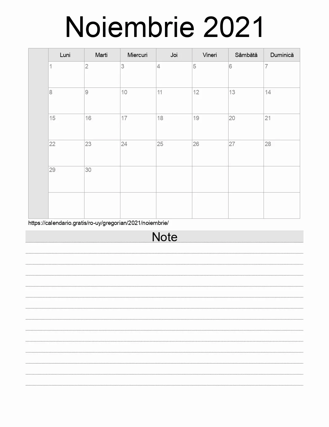 Calendar pentru Noiembrie 2021 de imprimat cu note. (Uruguay)