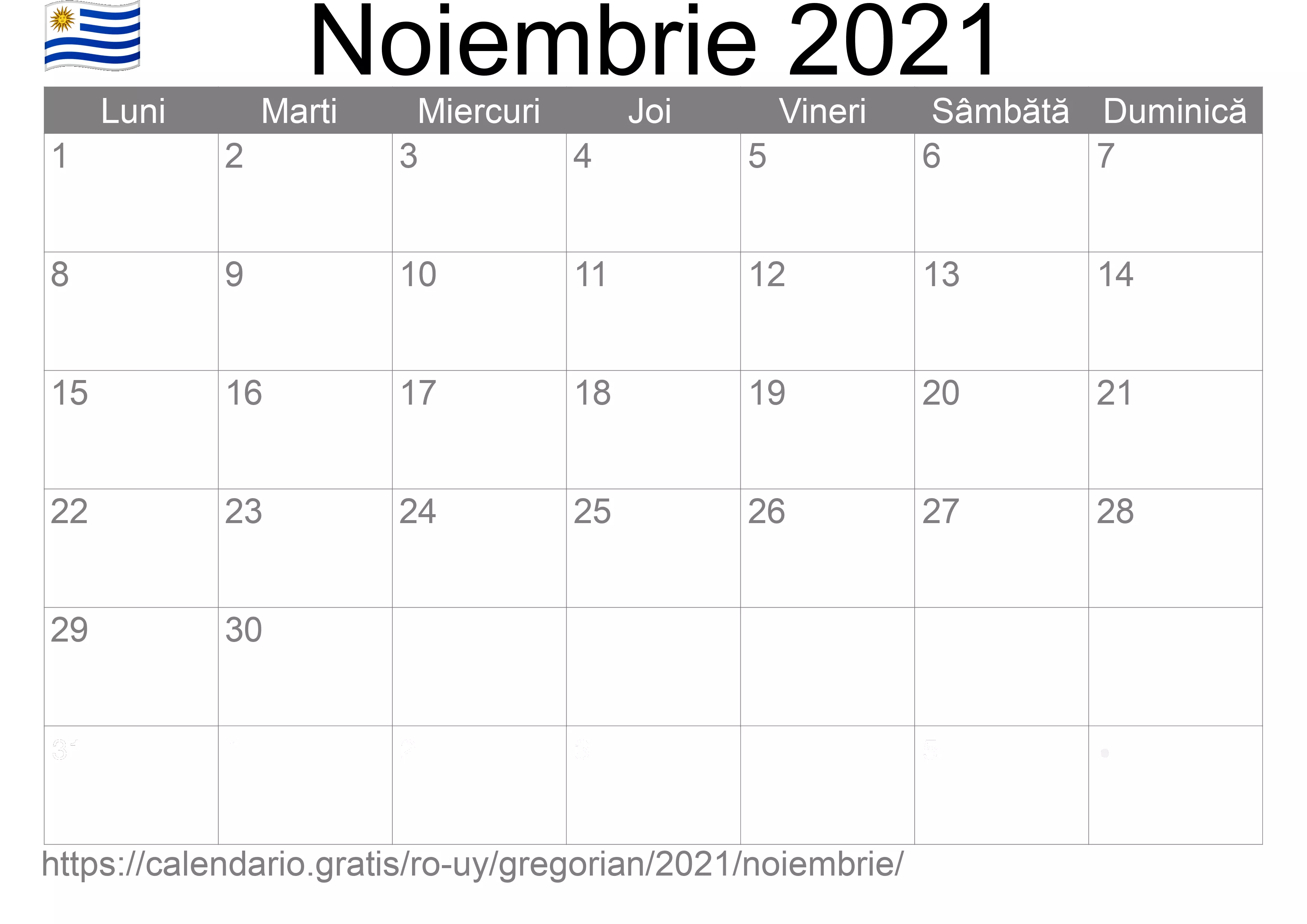 Calendar Noiembrie 2021 pentru imprimare (Uruguay)