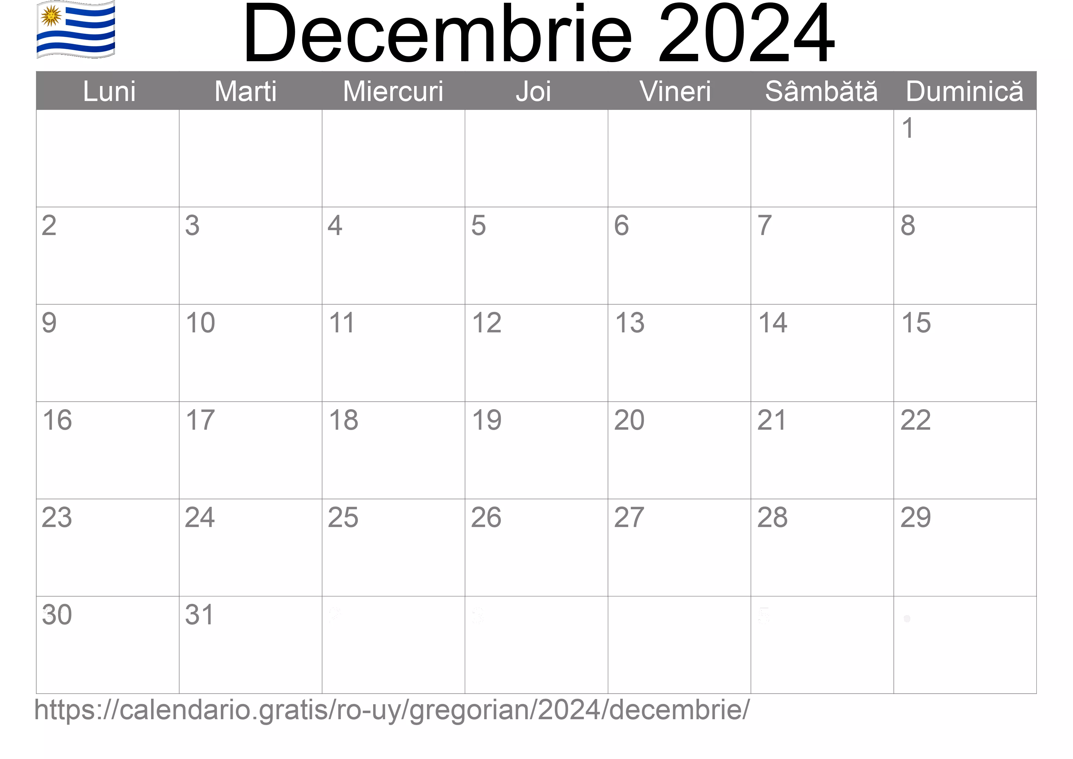 Calendar Decembrie 2024 pentru imprimare (Uruguay) Calendar Decembrie 2024 pentru imprimare (Uruguay)