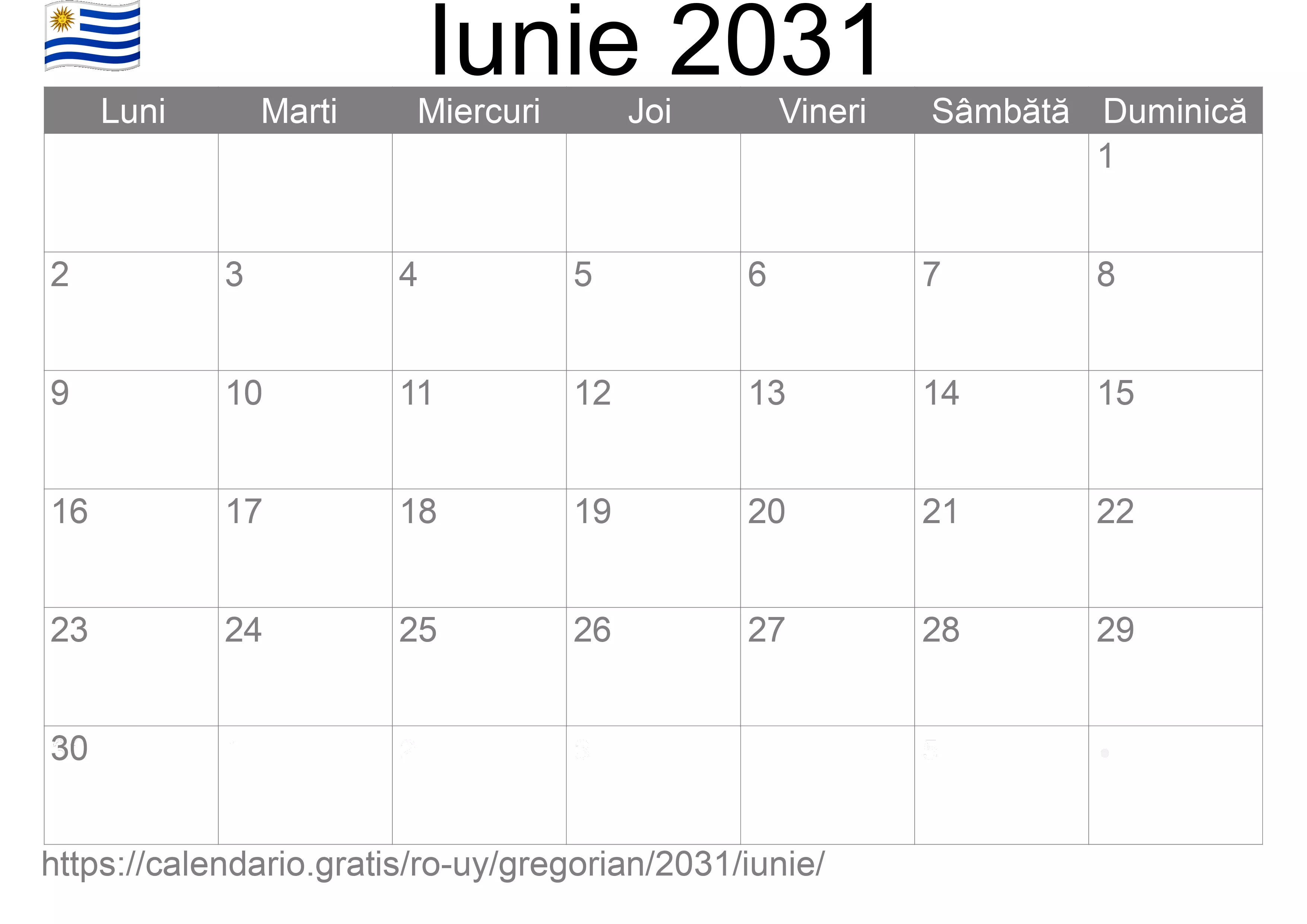 Calendar Iunie 2031 pentru imprimare (Uruguay)
