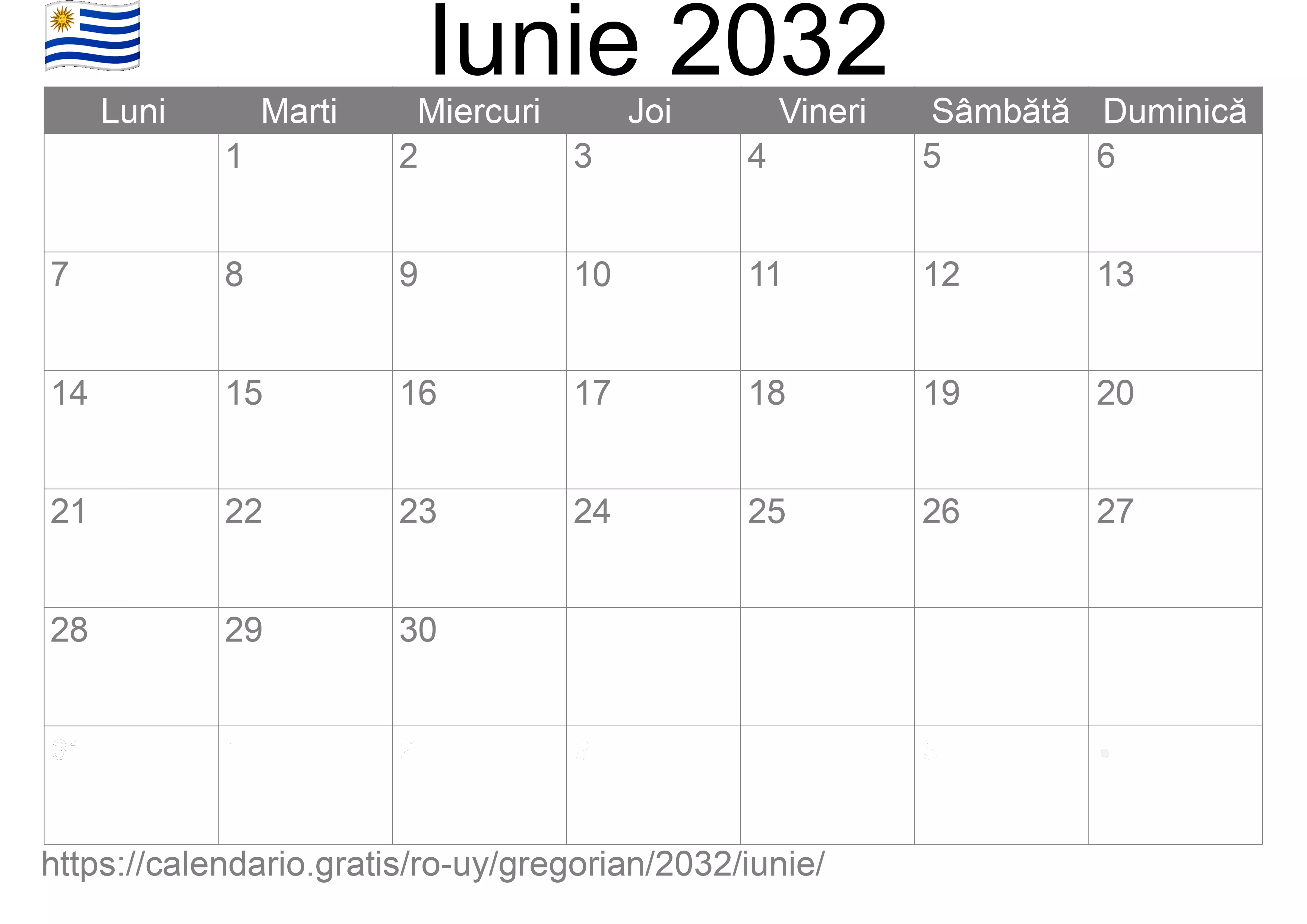 Calendar Iunie 2032 pentru imprimare (Uruguay) Calendar Iunie 2032 pentru imprimare (Uruguay)