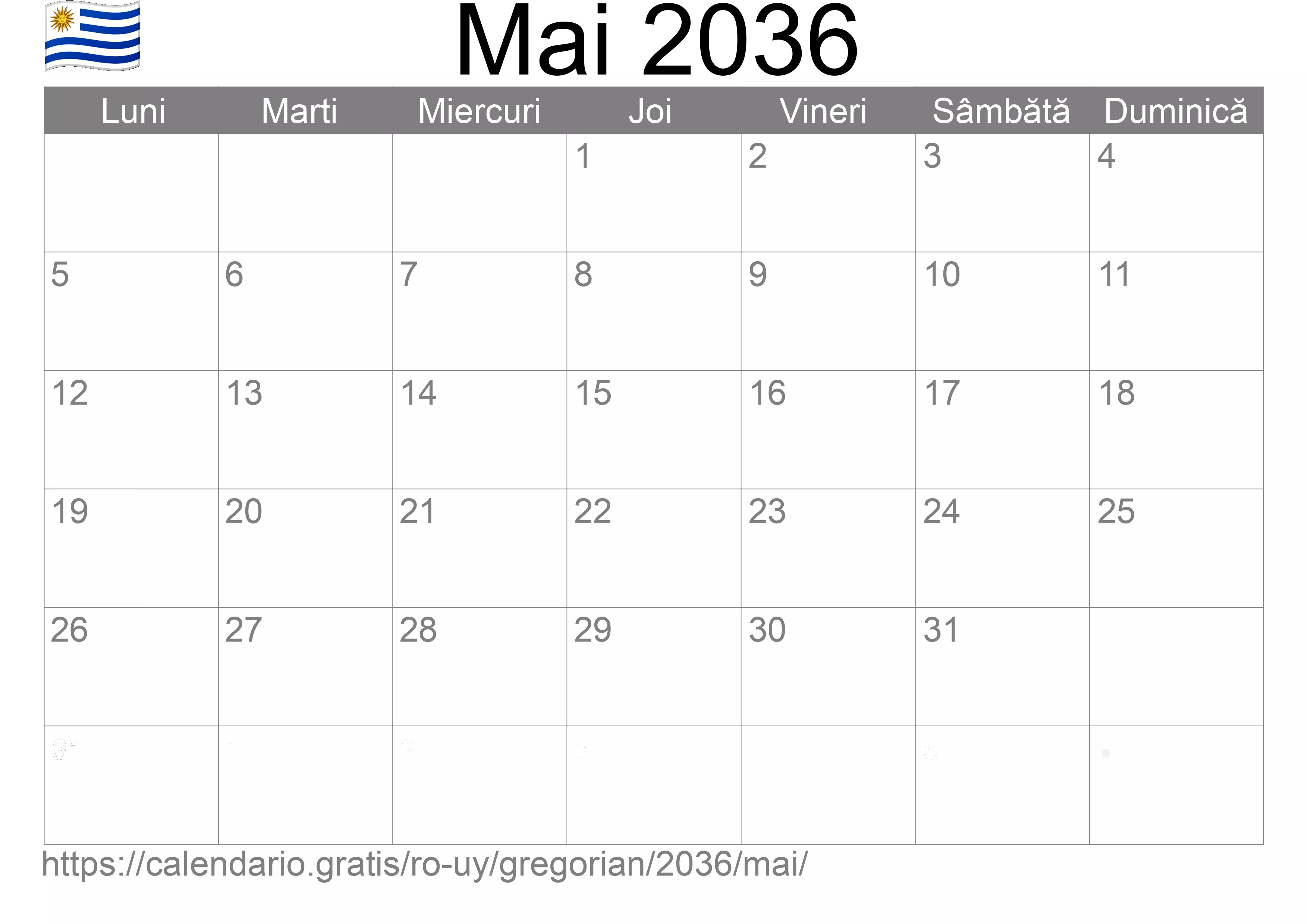 Calendar Mai 2036 pentru imprimare (Uruguay)