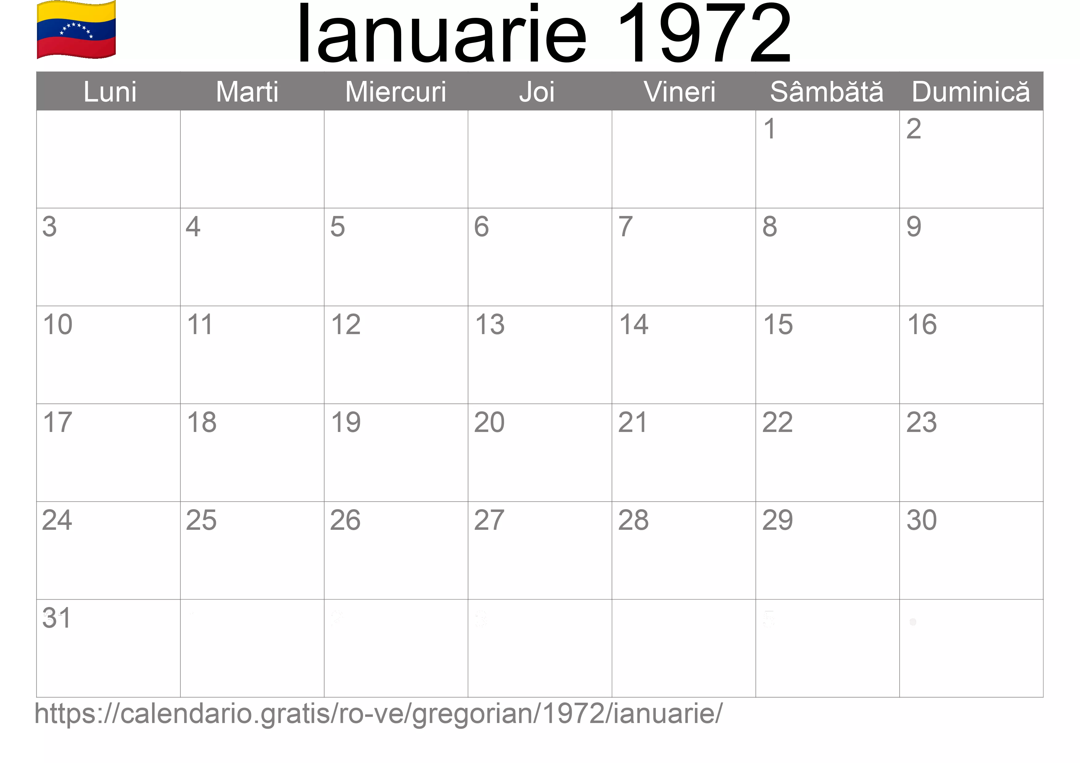 Calendar Ianuarie 1972 pentru imprimare (Venezuela)