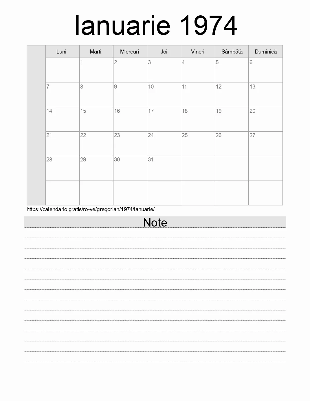 Calendar pentru Ianuarie 1974 de imprimat cu note. (Venezuela)