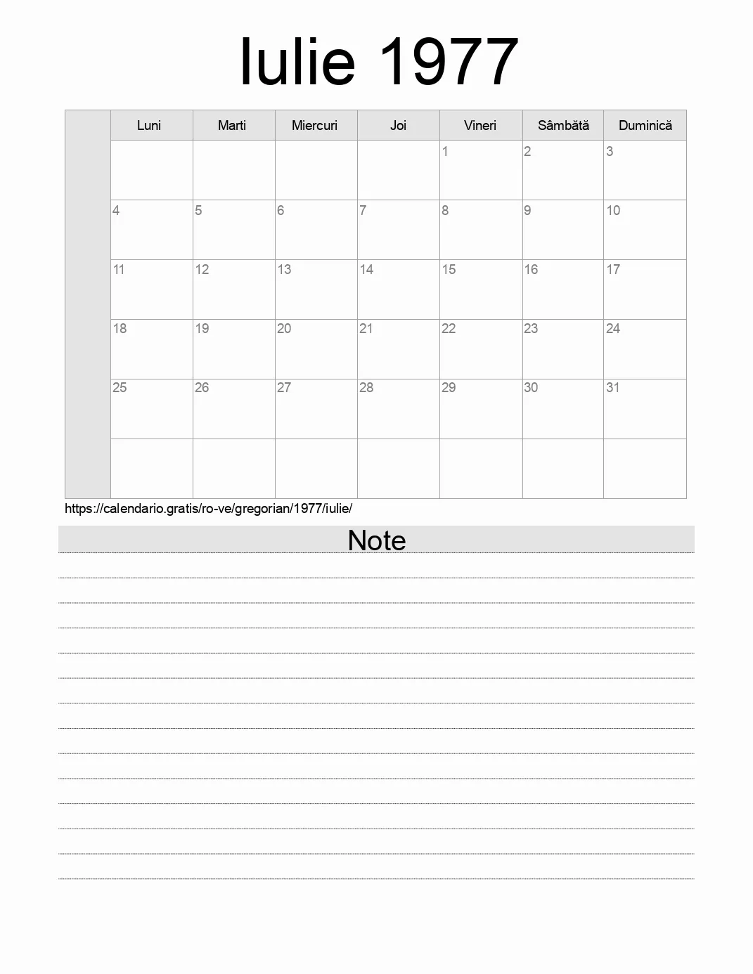 Calendar pentru Iulie 1977 de imprimat cu note. (Venezuela)