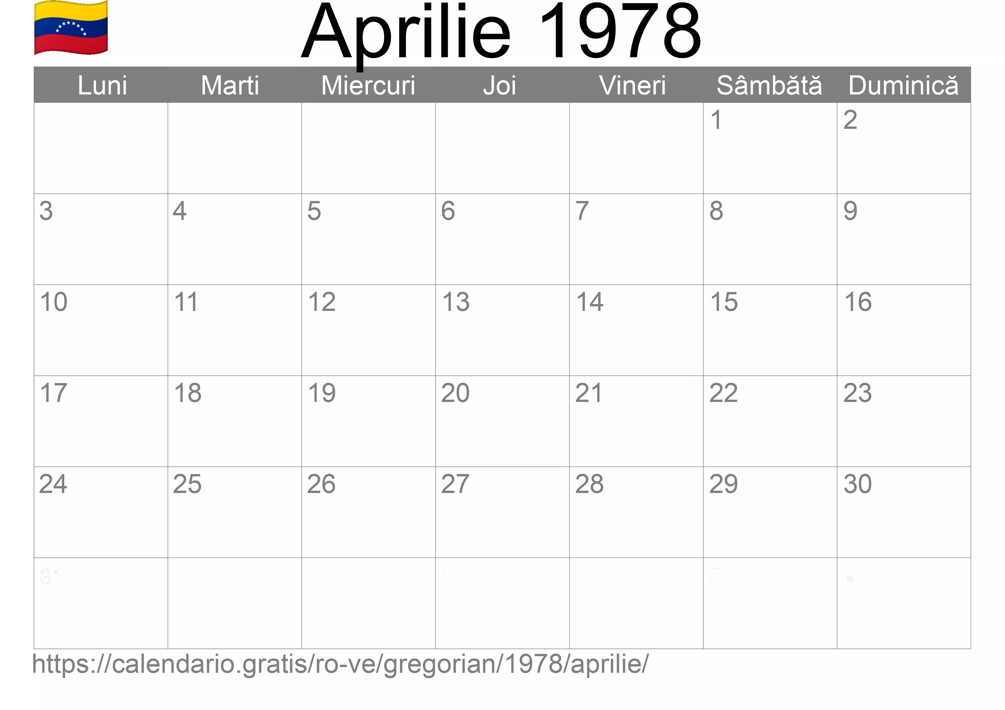 Calendar Aprilie 1978 pentru imprimare (Venezuela)