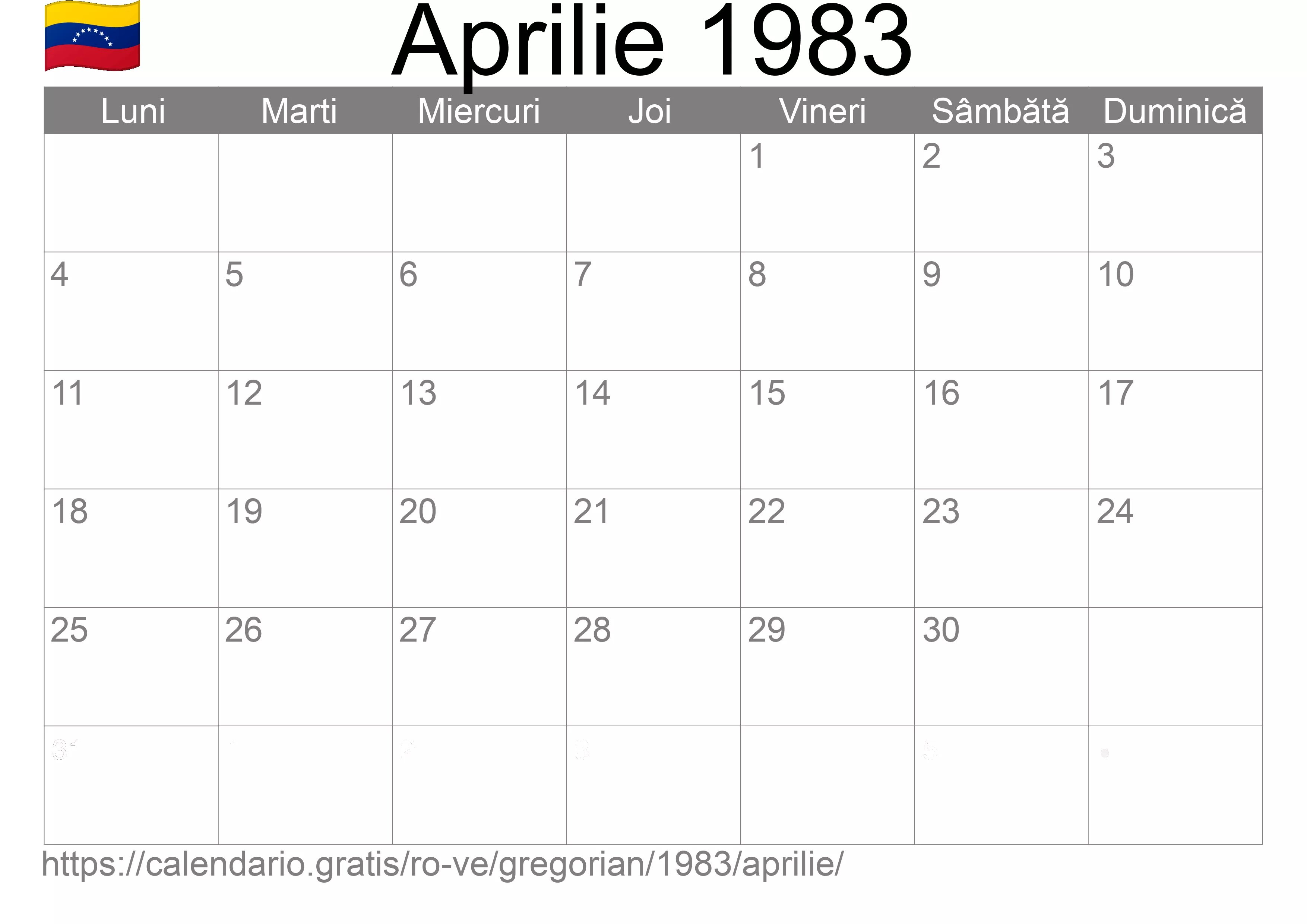 Calendar Aprilie 1983 pentru imprimare (Venezuela)