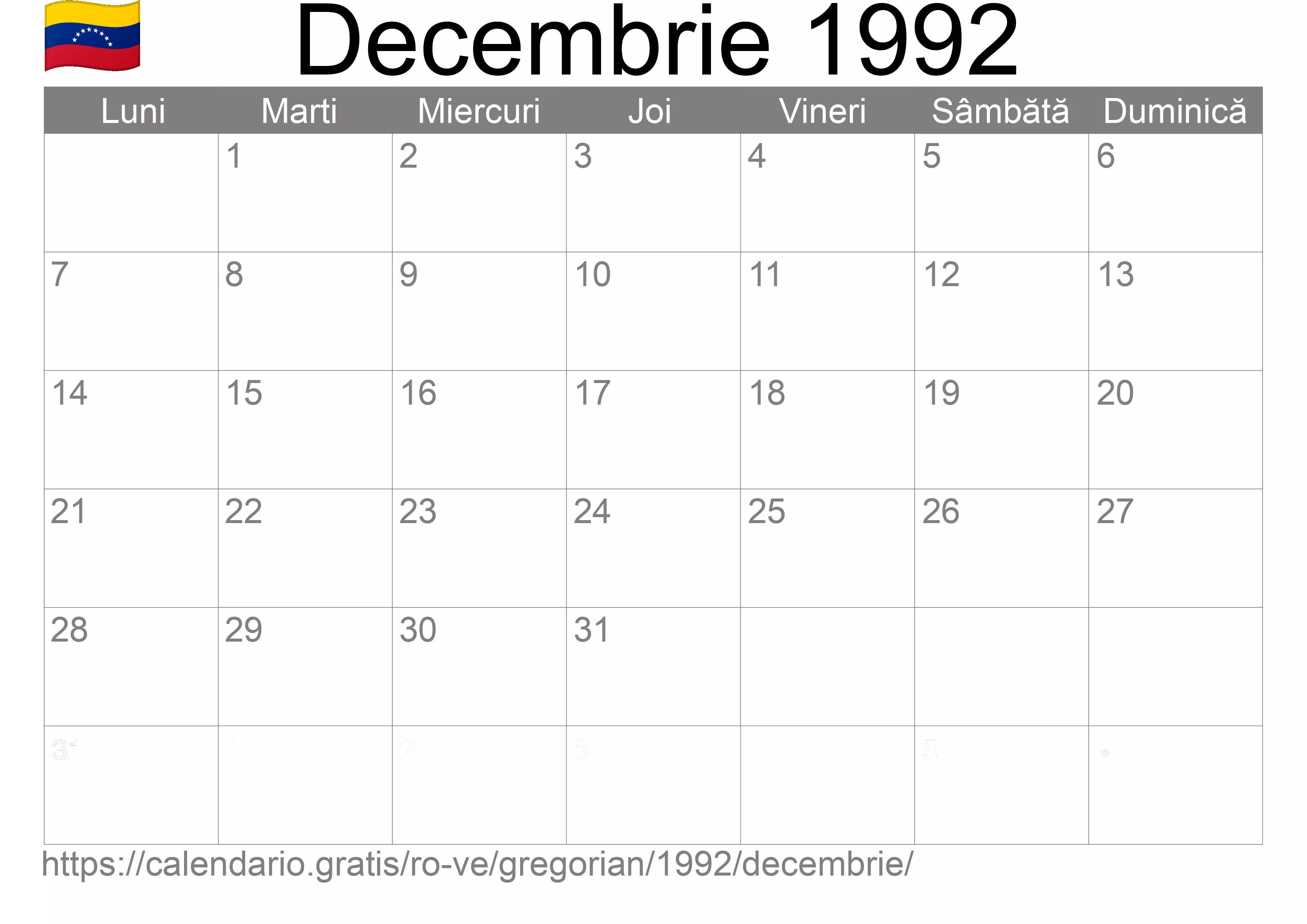 Calendar Decembrie 1992 pentru imprimare (Venezuela) Calendar Decembrie 1992 pentru imprimare (Venezuela)