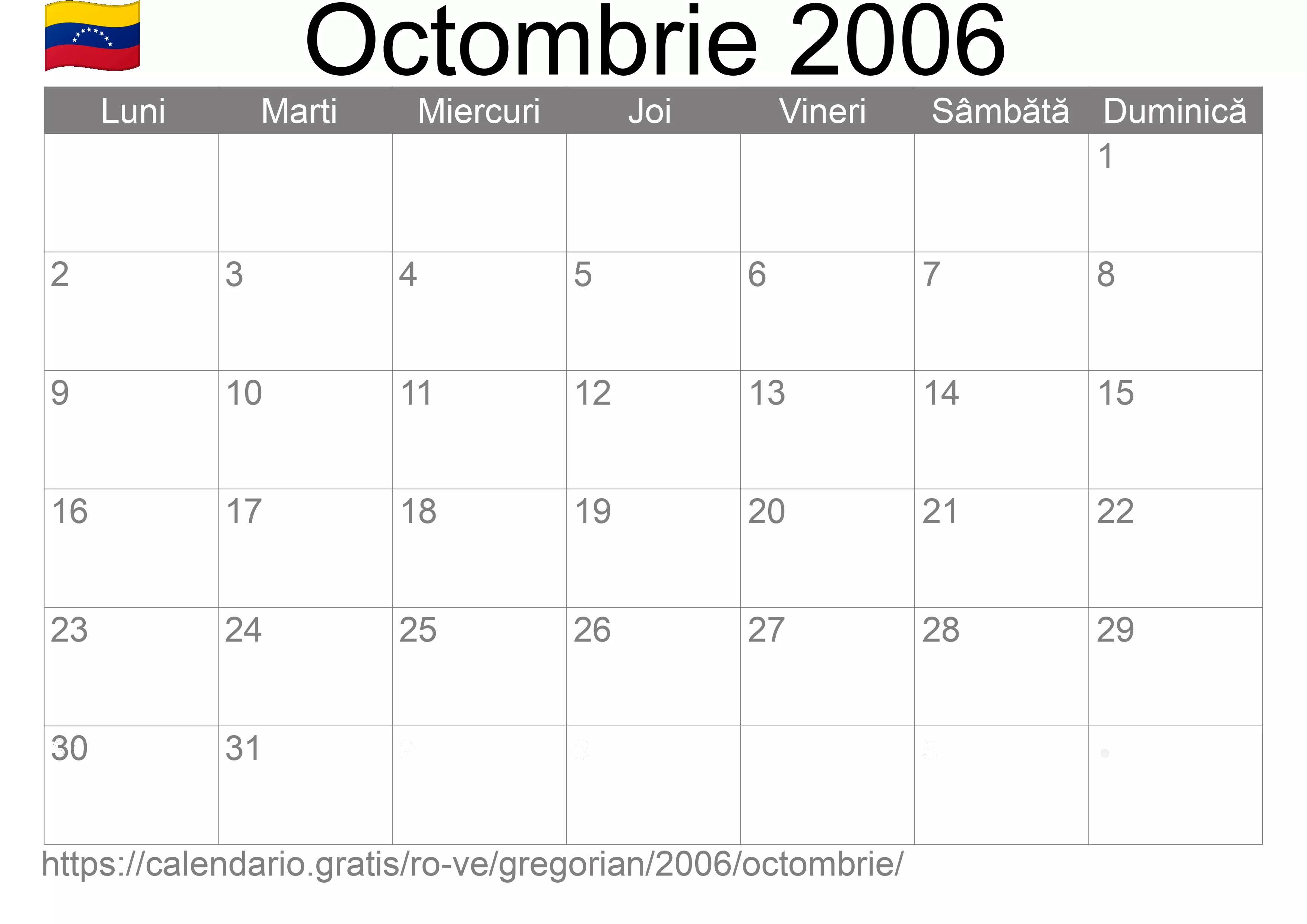 Calendar Octombrie 2006 pentru imprimare (Venezuela)