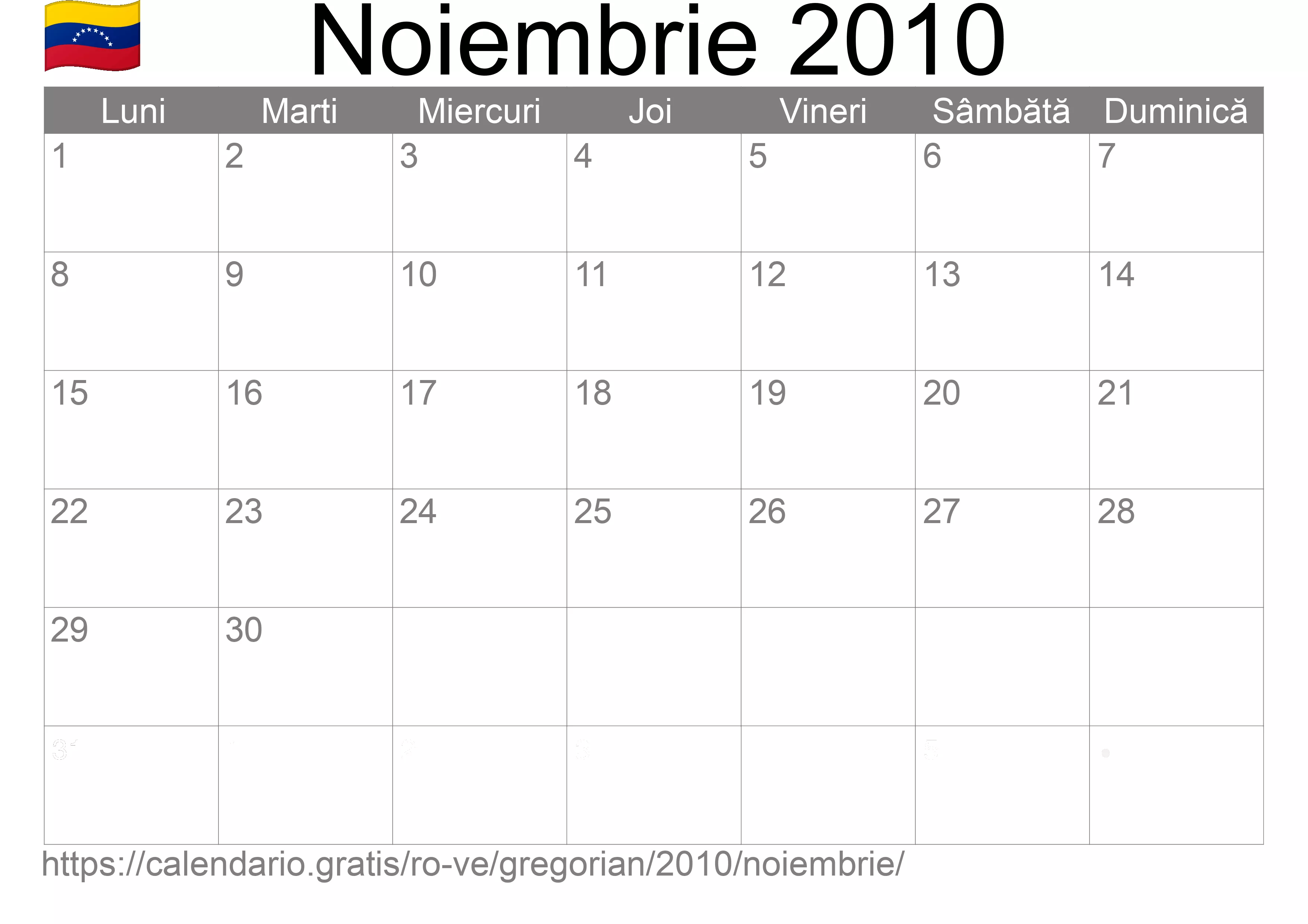 Calendar Noiembrie 2010 pentru imprimare (Venezuela)