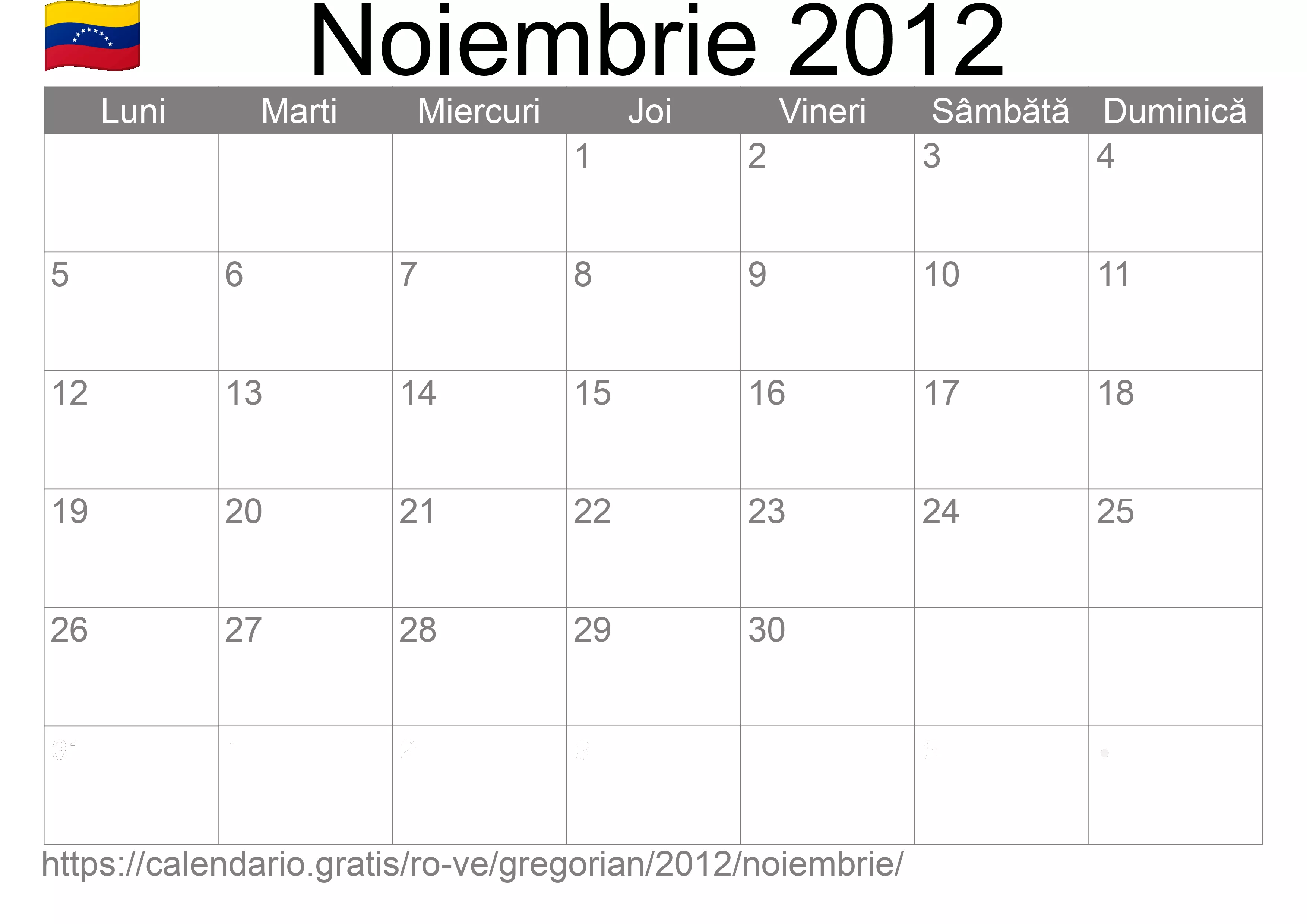 Calendar Noiembrie 2012 pentru imprimare (Venezuela)