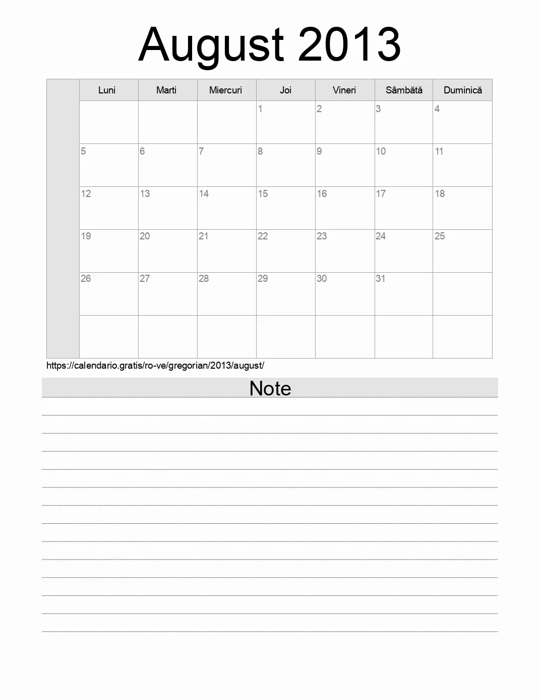 Calendar pentru August 2013 de imprimat cu note. (Venezuela)