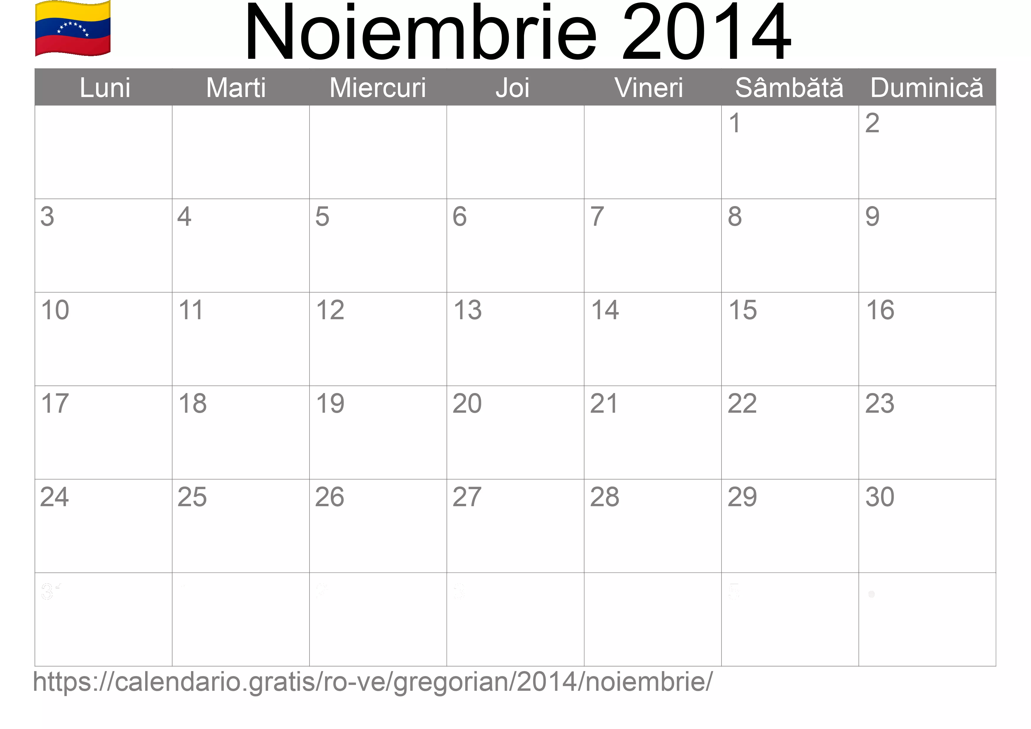 Calendar Noiembrie 2014 pentru imprimare (Venezuela)