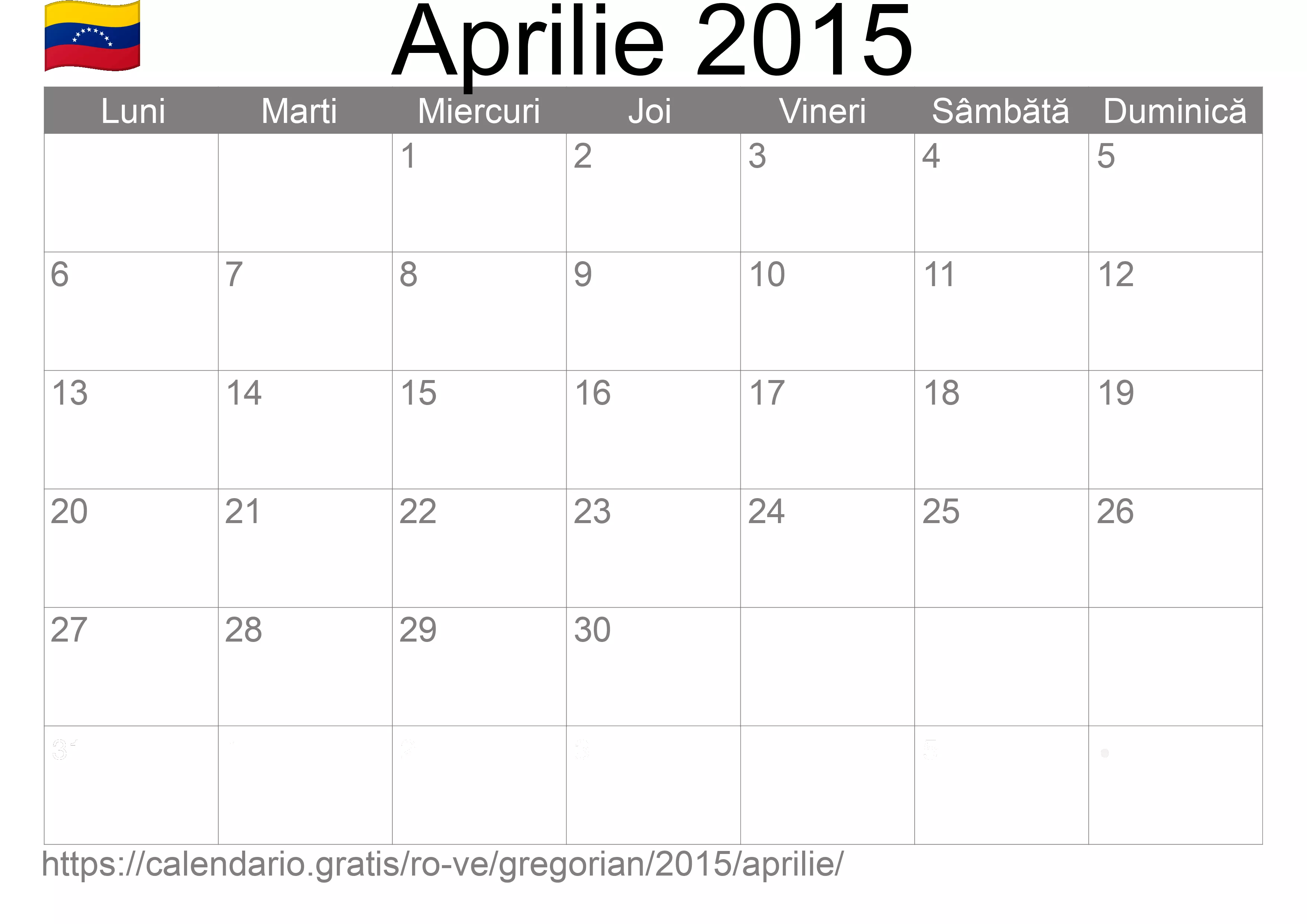 Calendar Aprilie 2015 pentru imprimare (Venezuela)